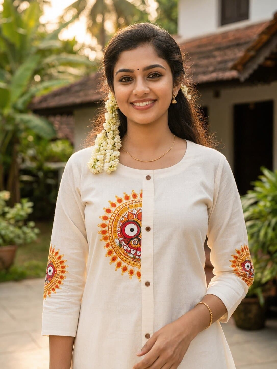 Aranmula — Ivory cotton kurta set with a hand-painted Pattachitra medallion