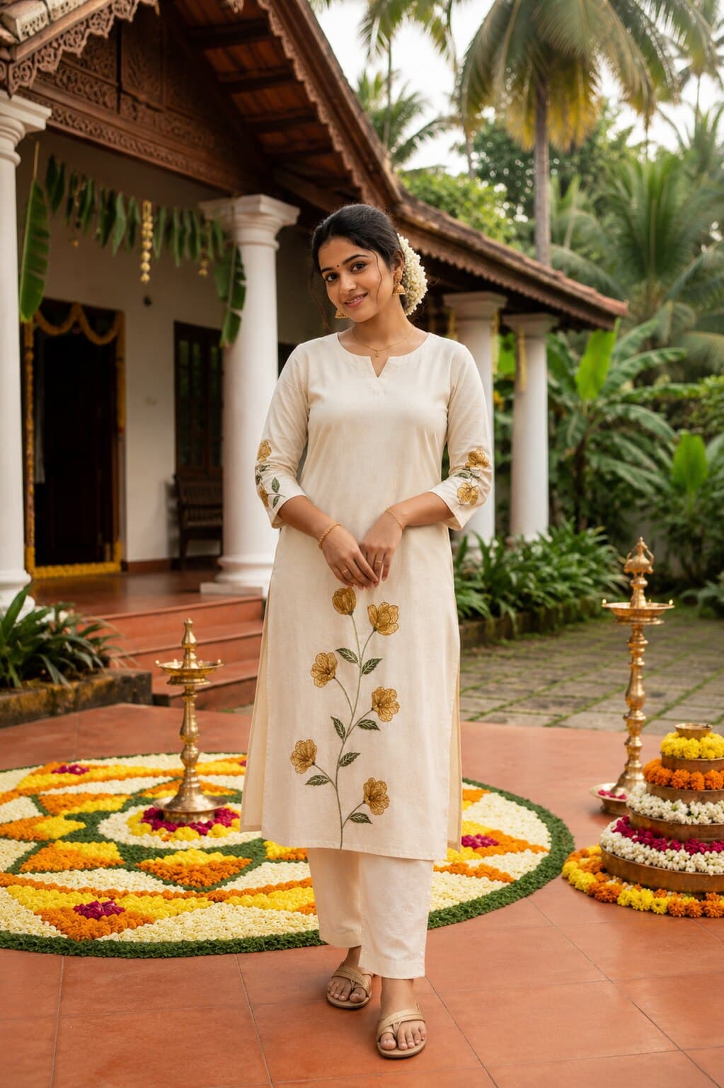 Anaswara — Off-white kurta set trailing golden lotus vines