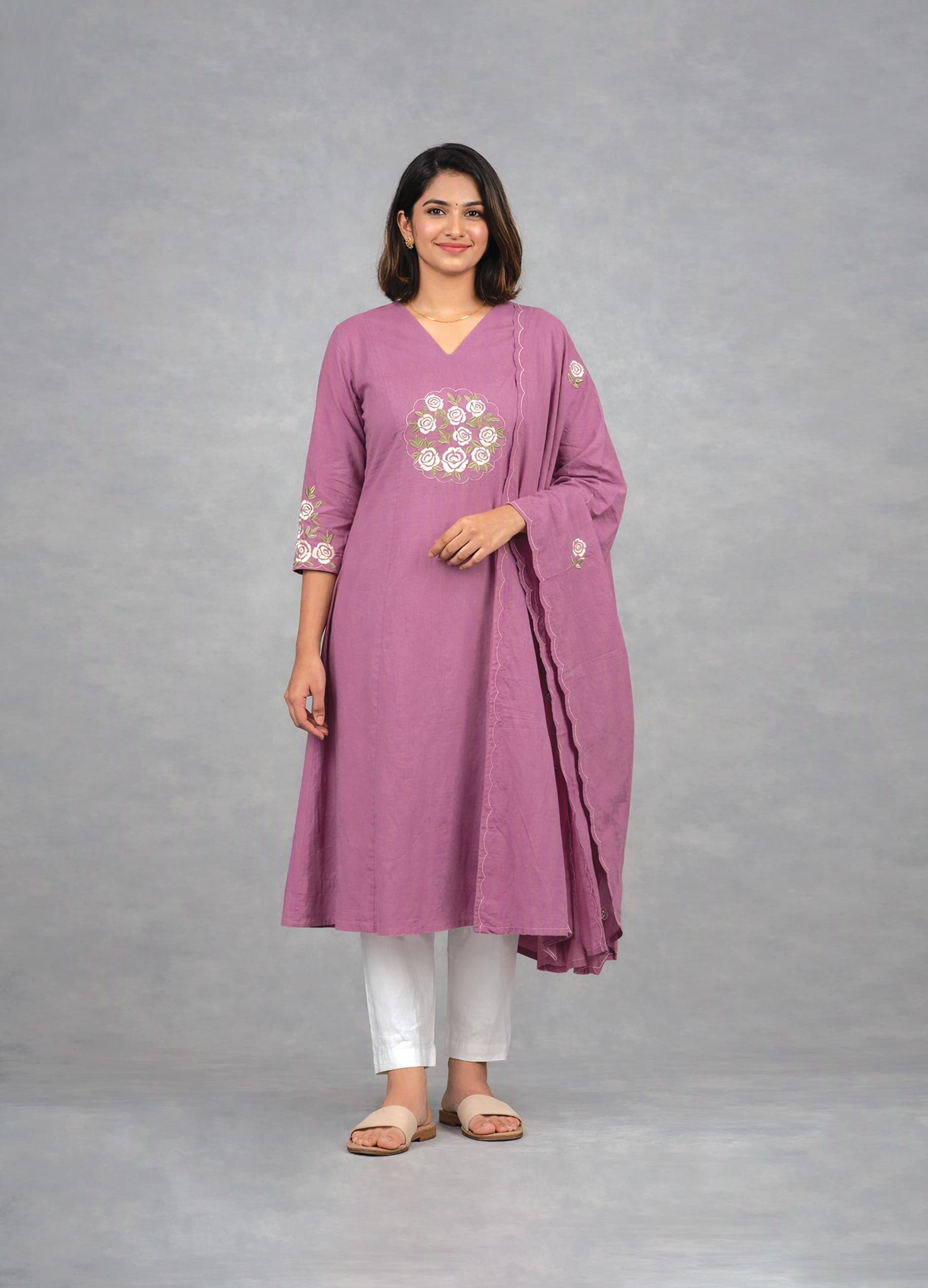 Lavender kurta set with rose-bouquet embroidery and scalloped dupatta