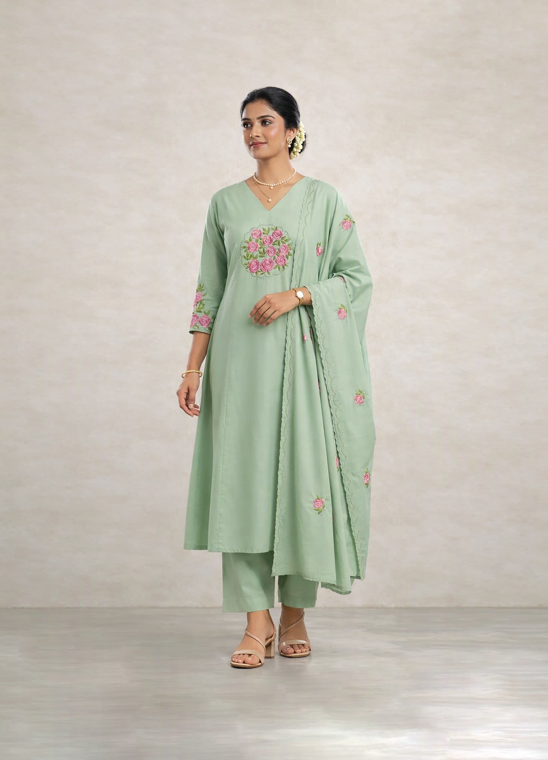 Chandrika — Mint kurta set with a rose-bouquet yoke and scalloped dupatta