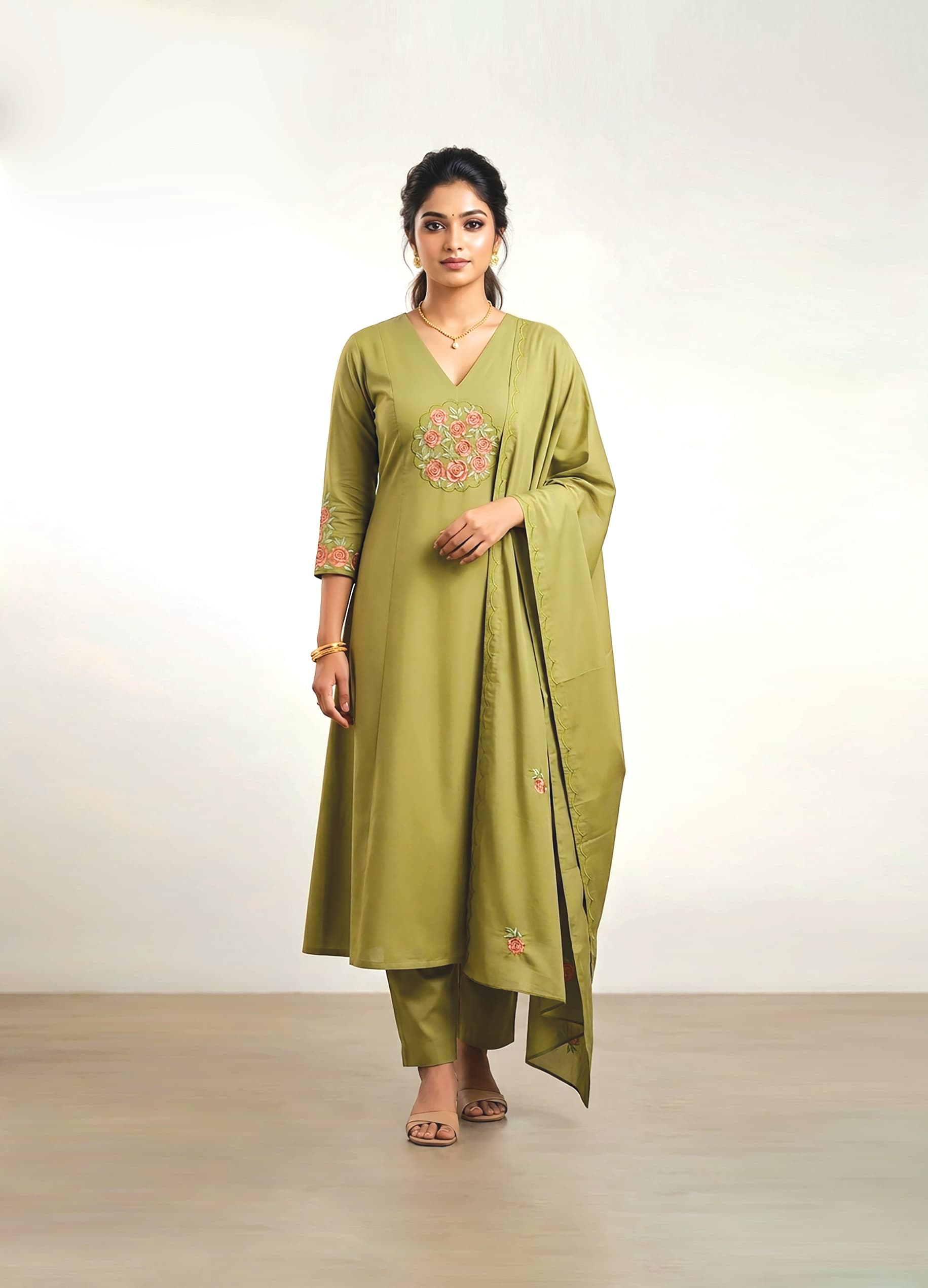 Deepika — Olive kurta set with a rose-bouquet yoke and scalloped dupatta