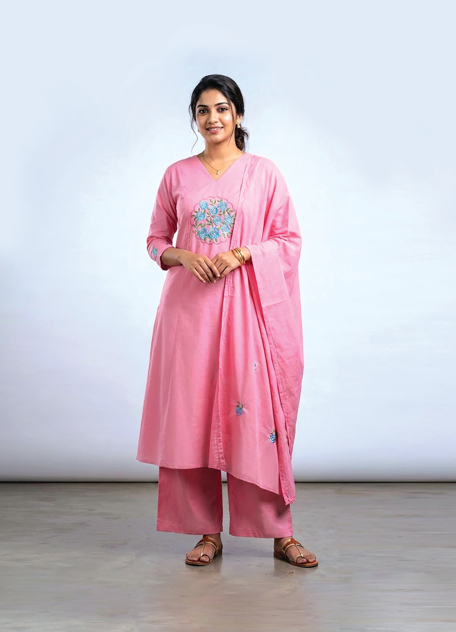 Devika — Pink kurta set with a rose-bouquet yoke and scalloped dupatta