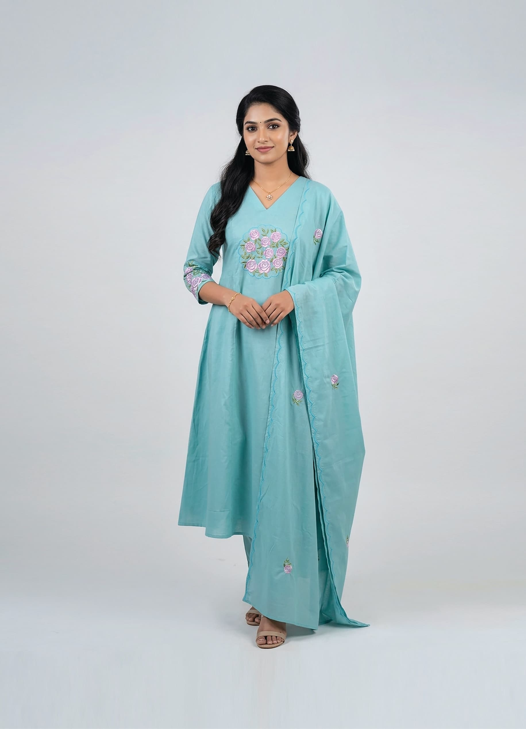Gayatri — Sea-green kurta set with a rose-bouquet yoke and scalloped dupatta