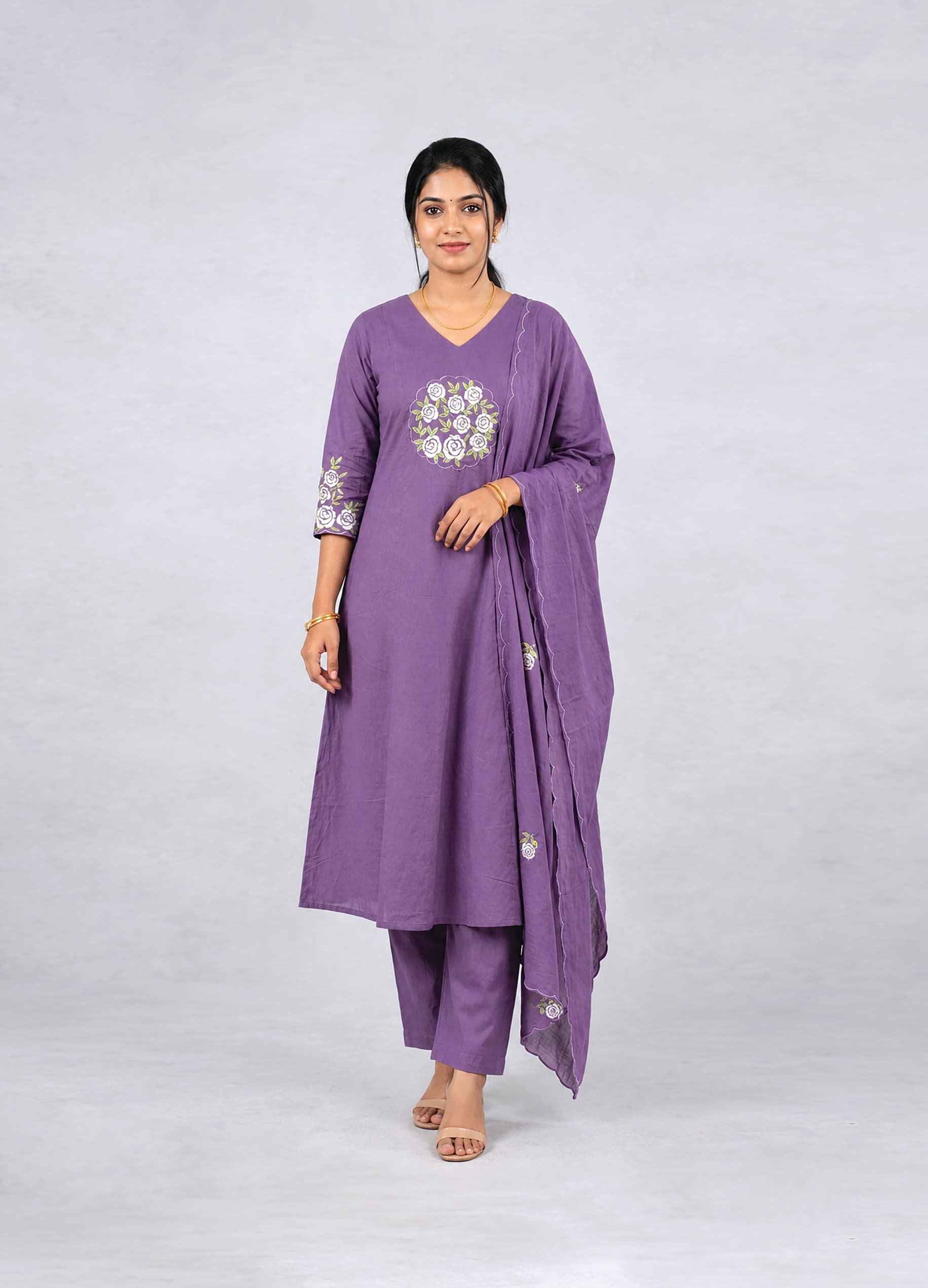 Harini — Purple kurta set with a rose-bouquet yoke and scalloped dupatta