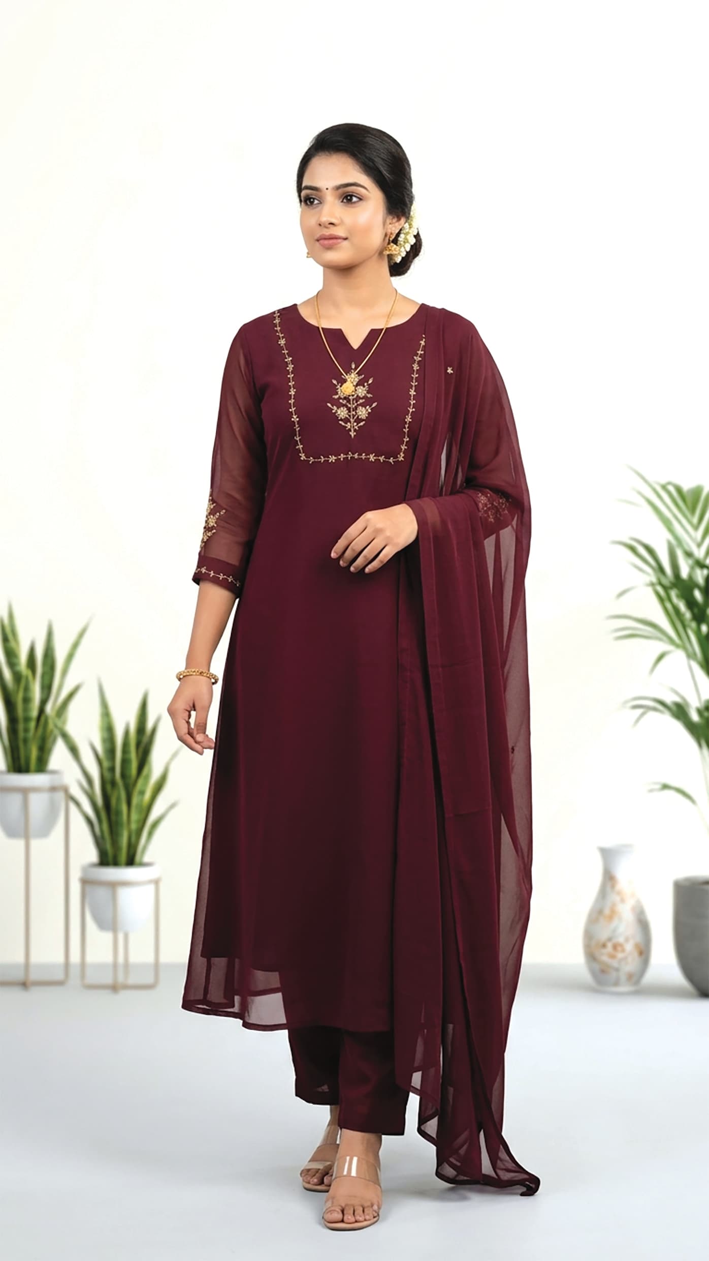 Ishani — Wine kurta set with gold floral-spray embroidery and a sheer dupatta