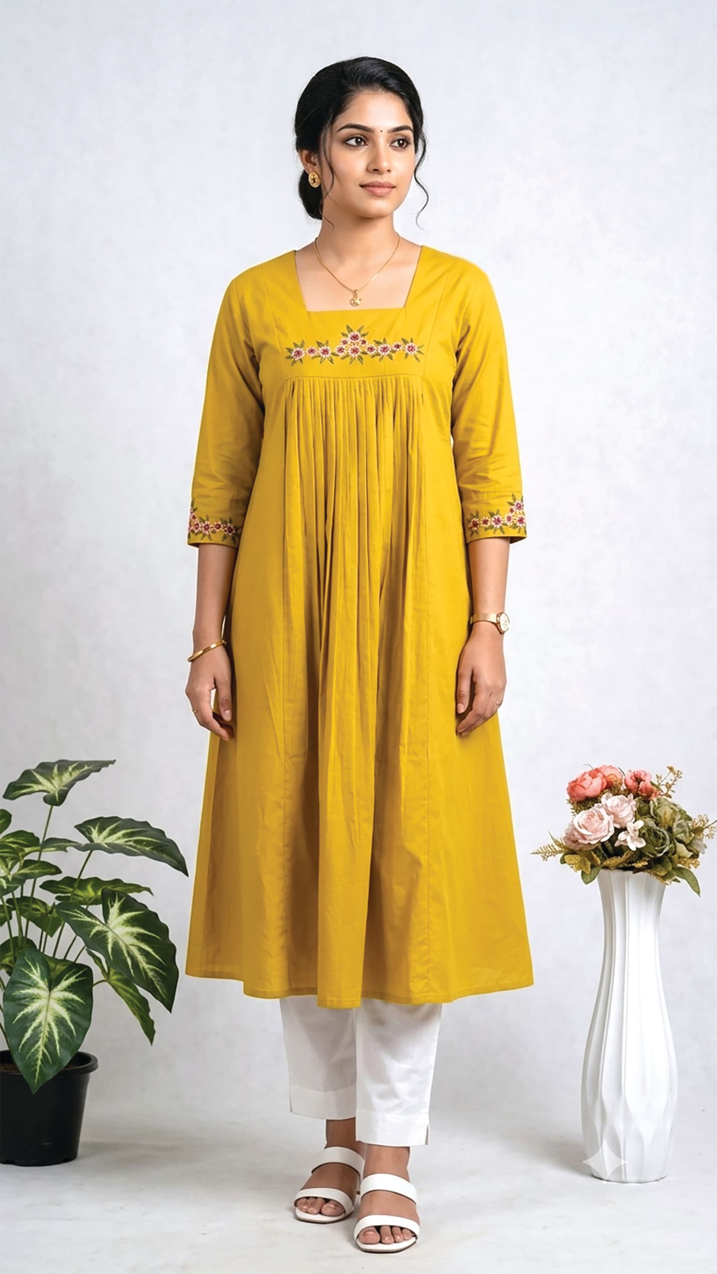 Lavanya — Mustard pleated kurta with a square neck and an embroidered yoke band