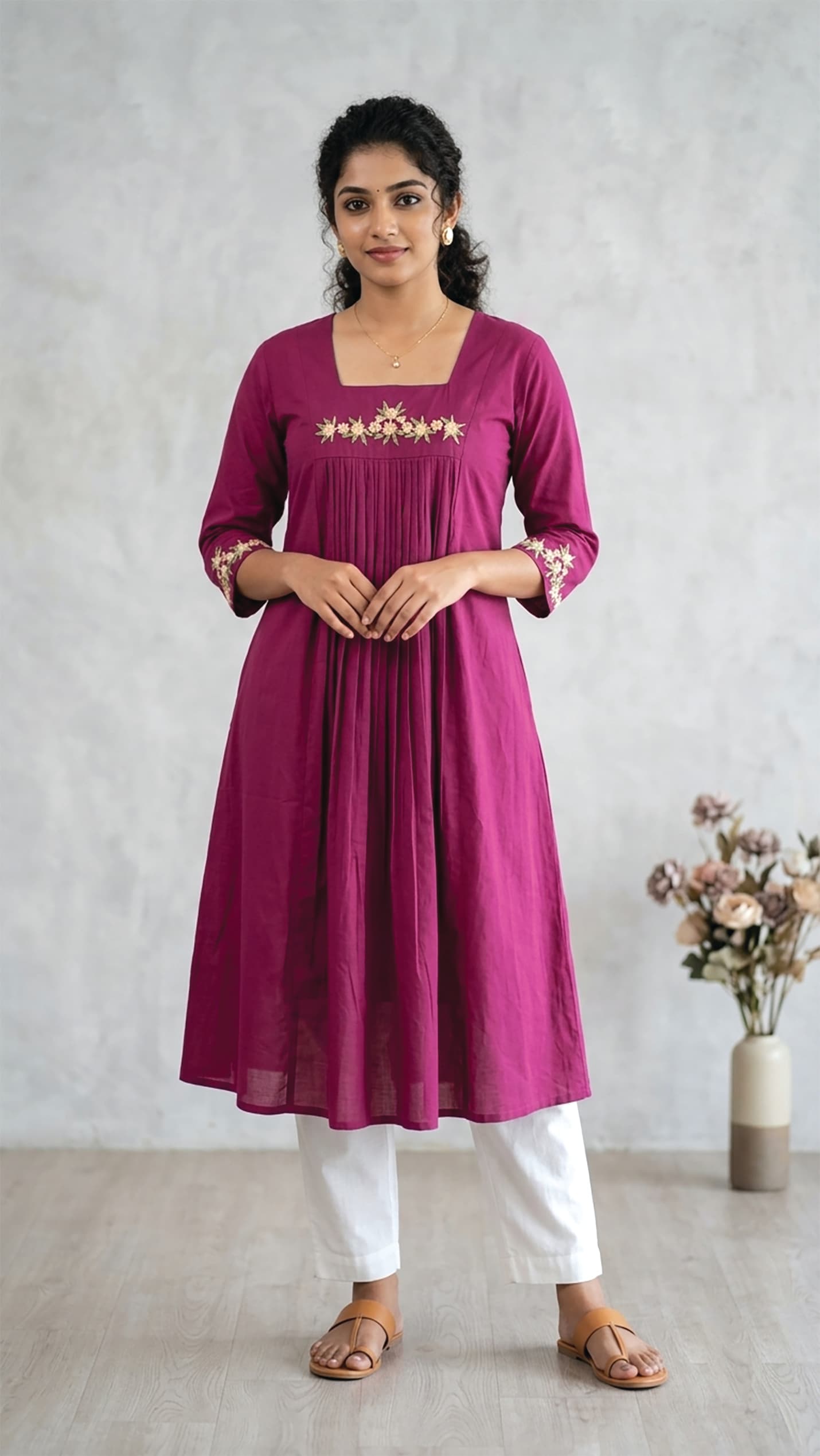 Malavika — Magenta pleated kurta with a square neck and an embroidered yoke band