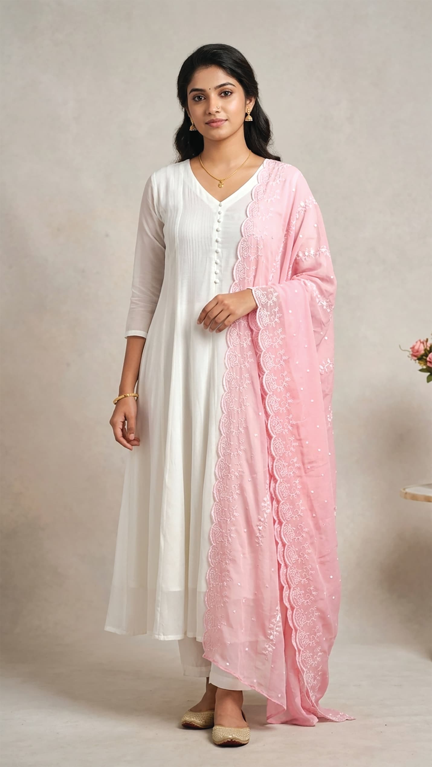 Manjima — Ivory kurta set with a chikankari-embroidered pink dupatta