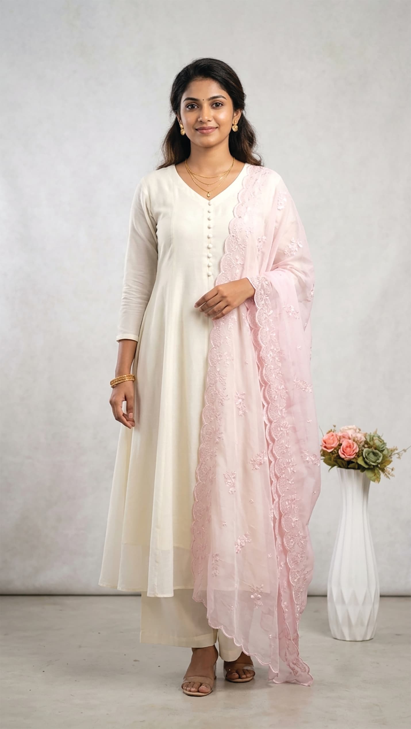 Nandana — Ivory kurta set with a chikankari-embroidered pink dupatta