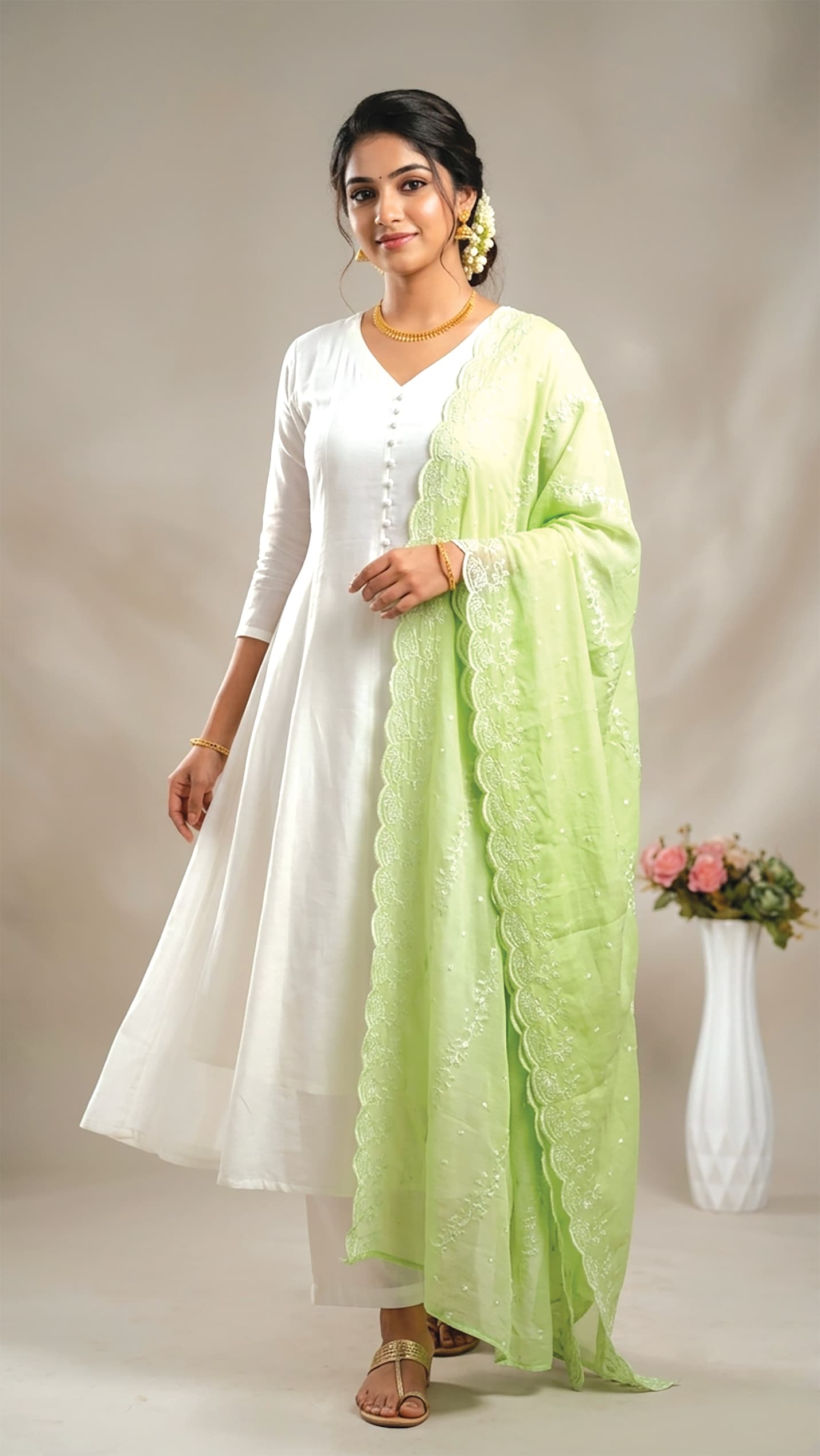 Nithya — Ivory kurta set with a chikankari-embroidered mint dupatta