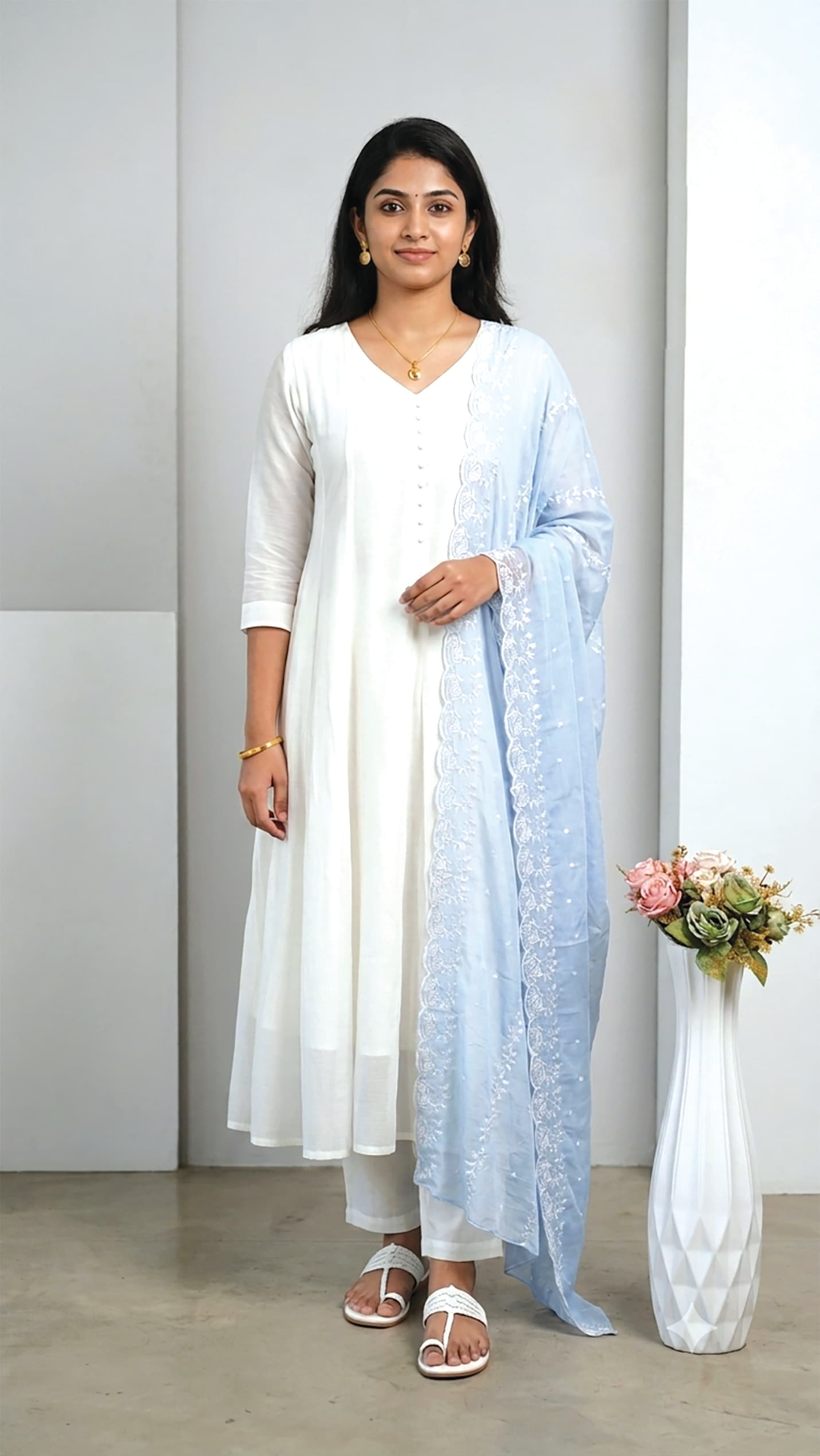 Padmini — Ivory kurta set with a chikankari-embroidered powder-blue dupatta
