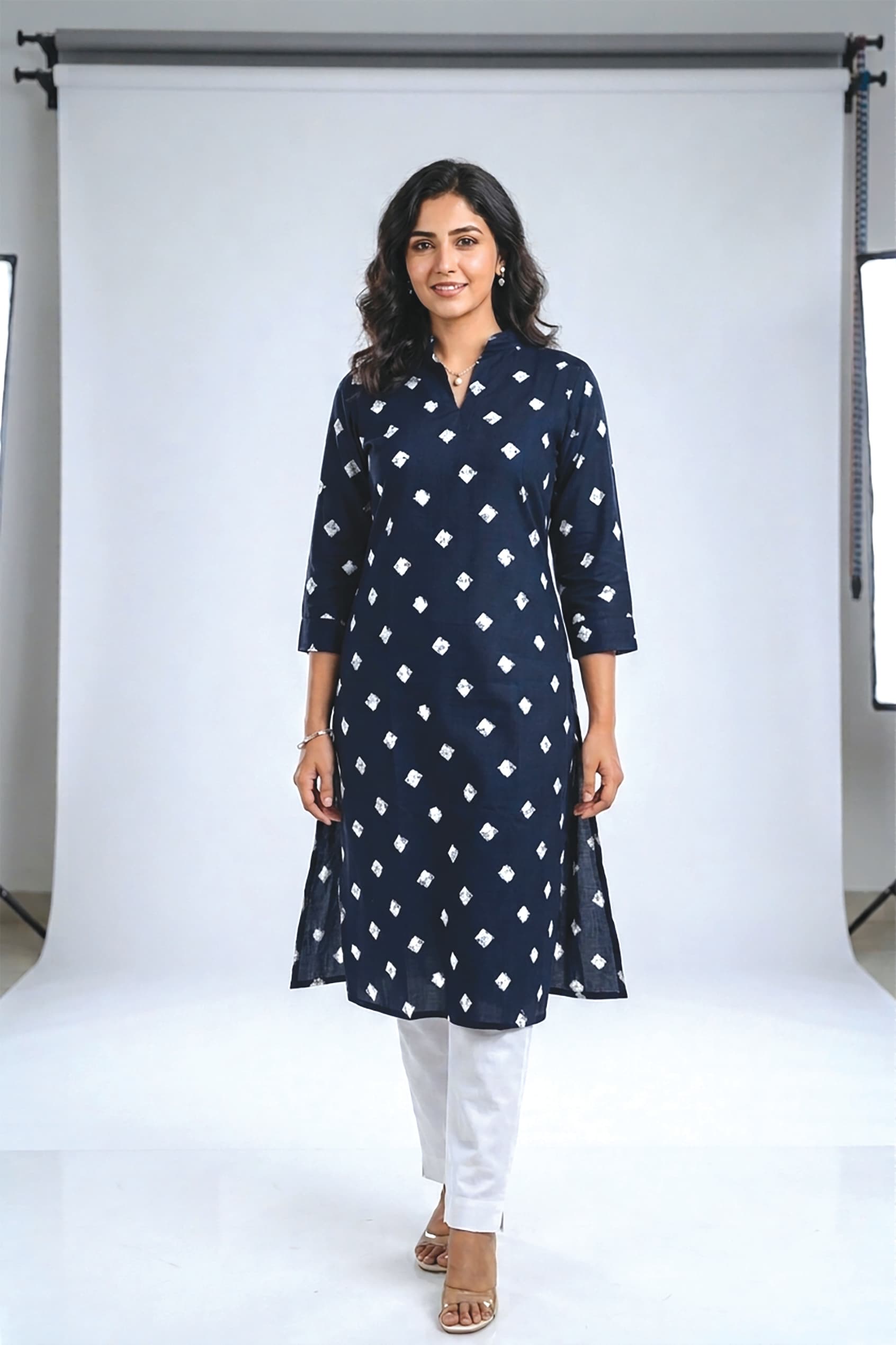 Parvathy — Navy straight kurta with a hand-block bandhani dot print