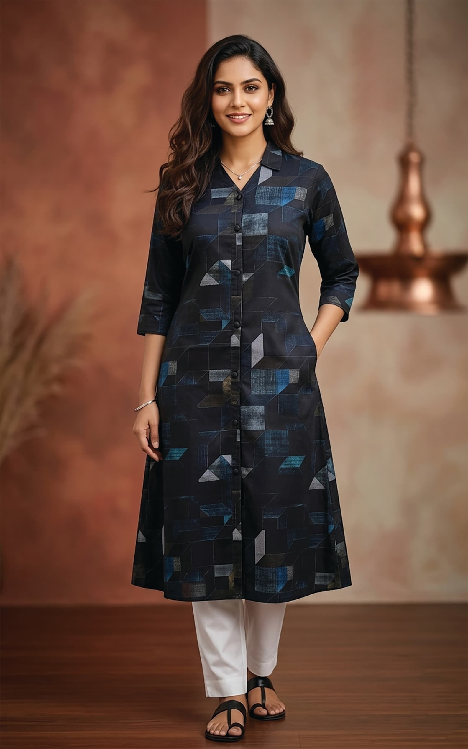 Radhika — Collared shirt-kurta in a navy geometric patchwork print