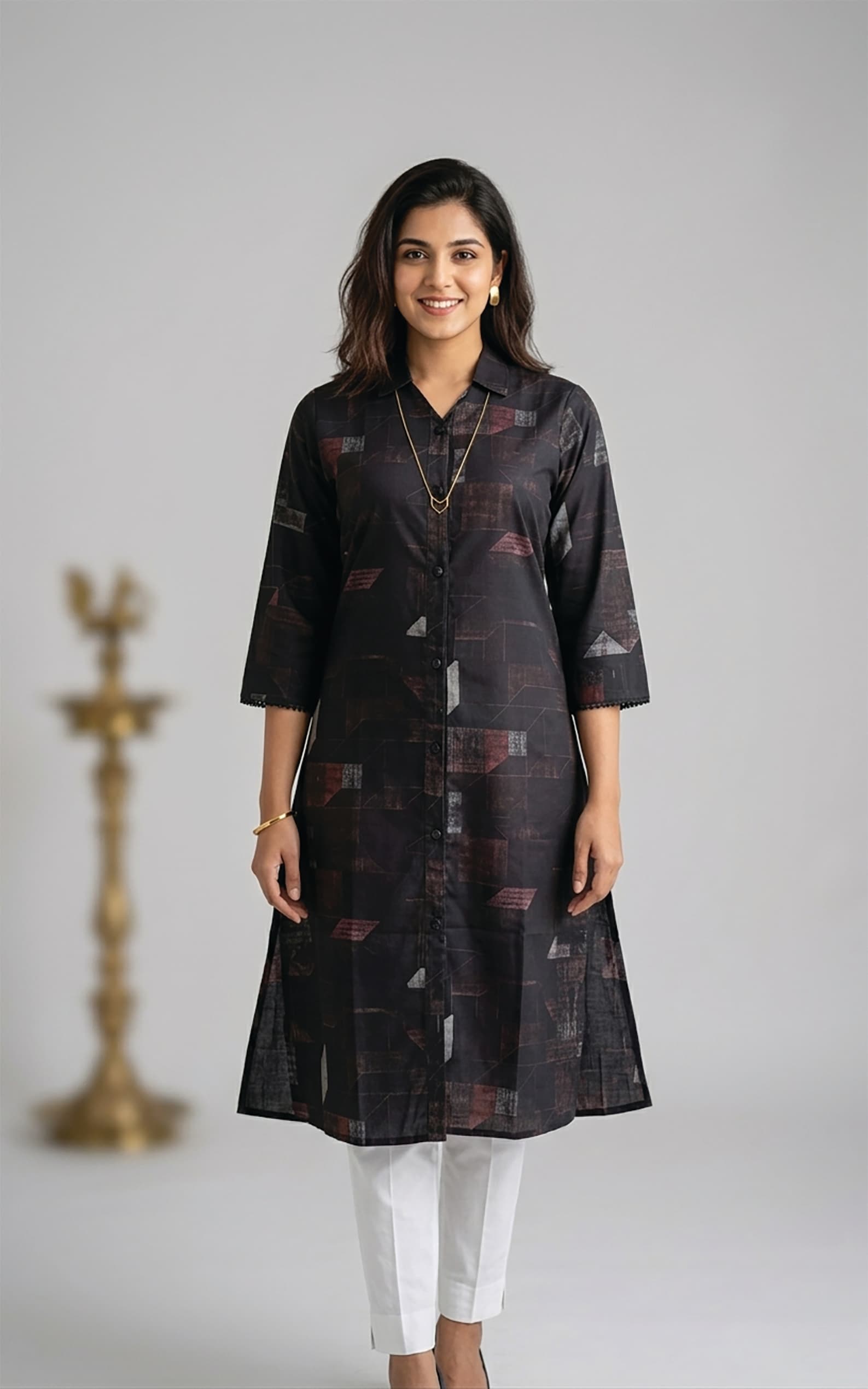 Revathi — Collared shirt-kurta in a navy geometric patchwork print