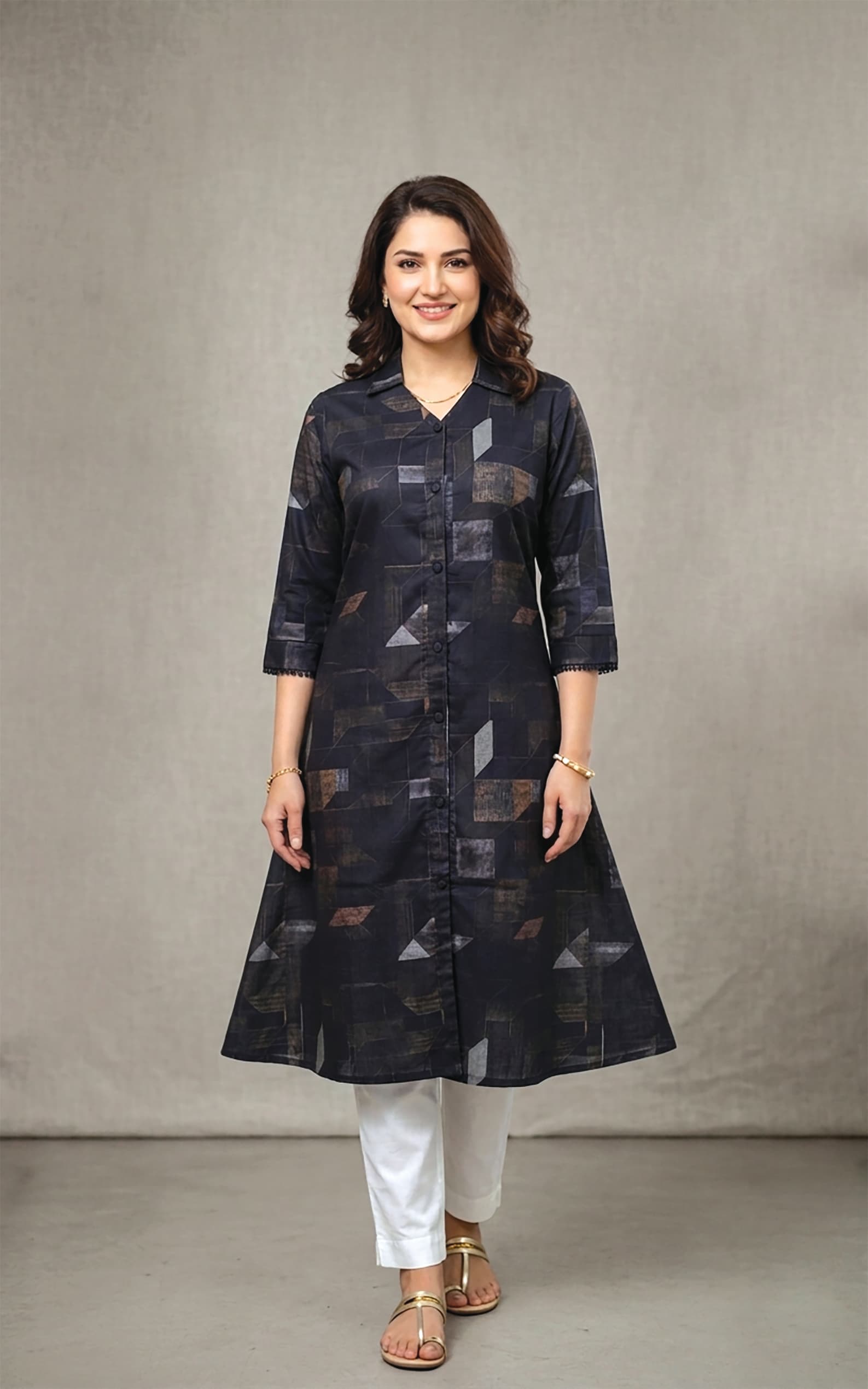 Sarayu — Collared shirt-kurta in a charcoal geometric patchwork print