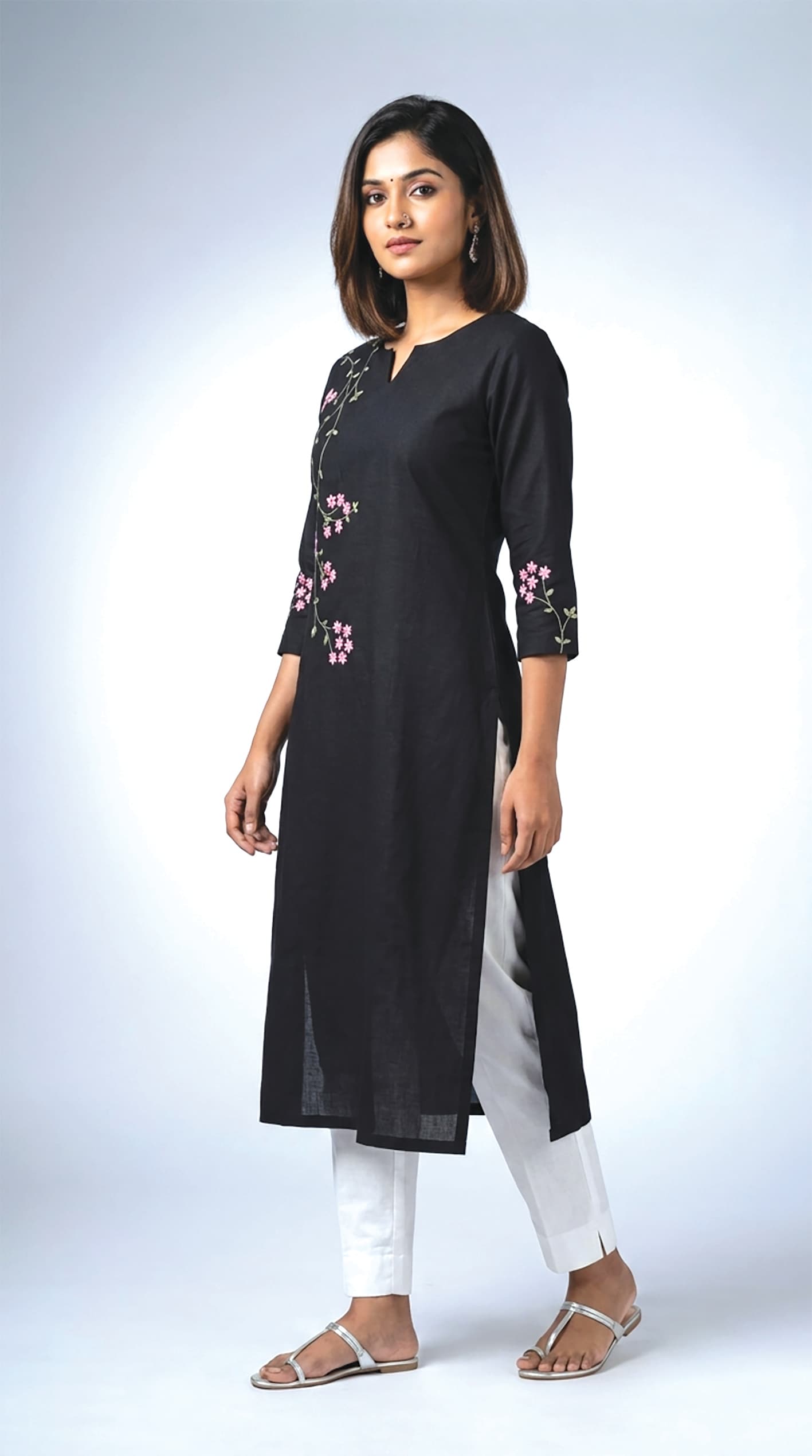 Sithara — Black kurta with a single-side floral vine embroidery
