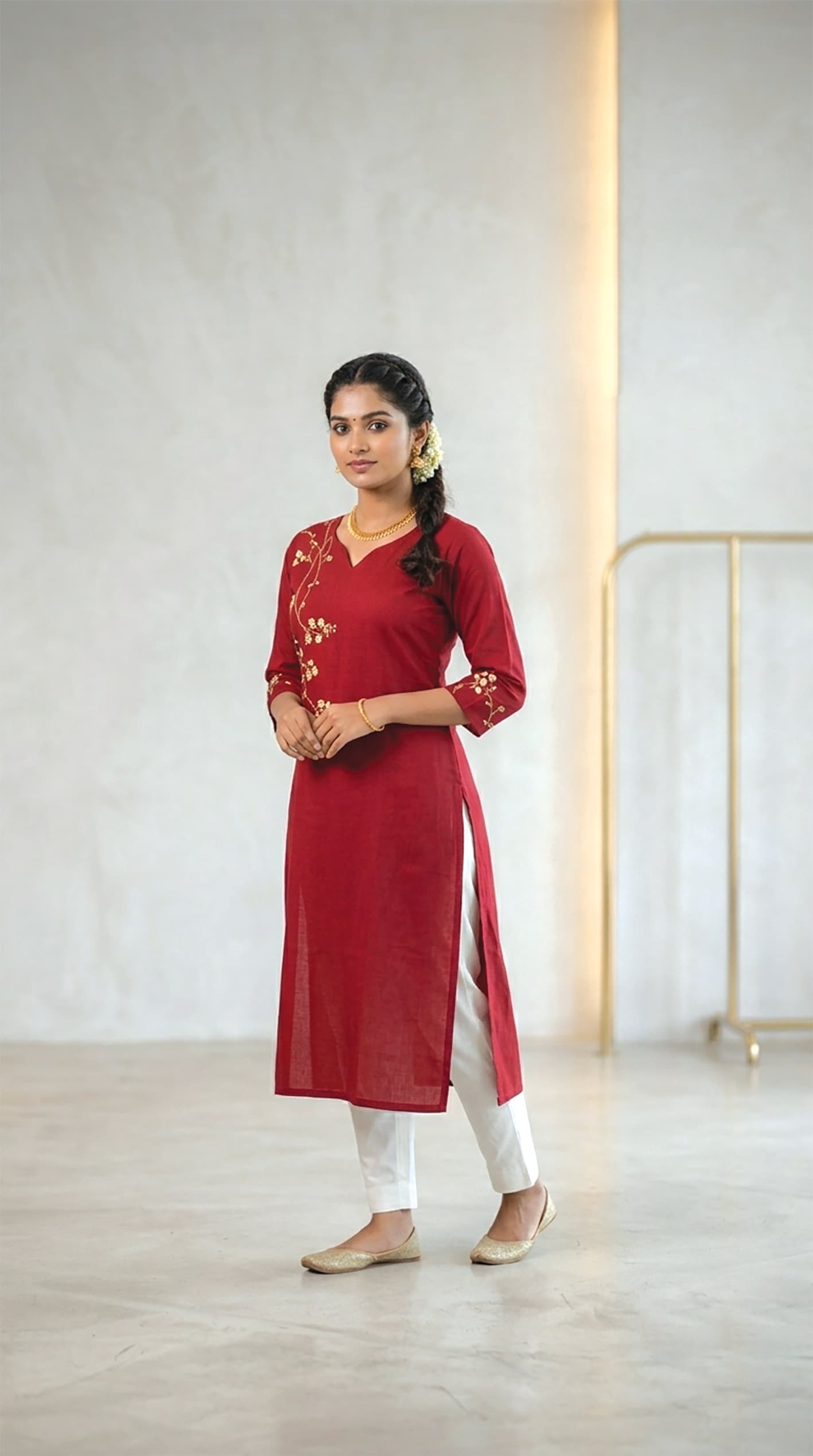 Swathi — Maroon kurta with a single-side floral vine embroidery