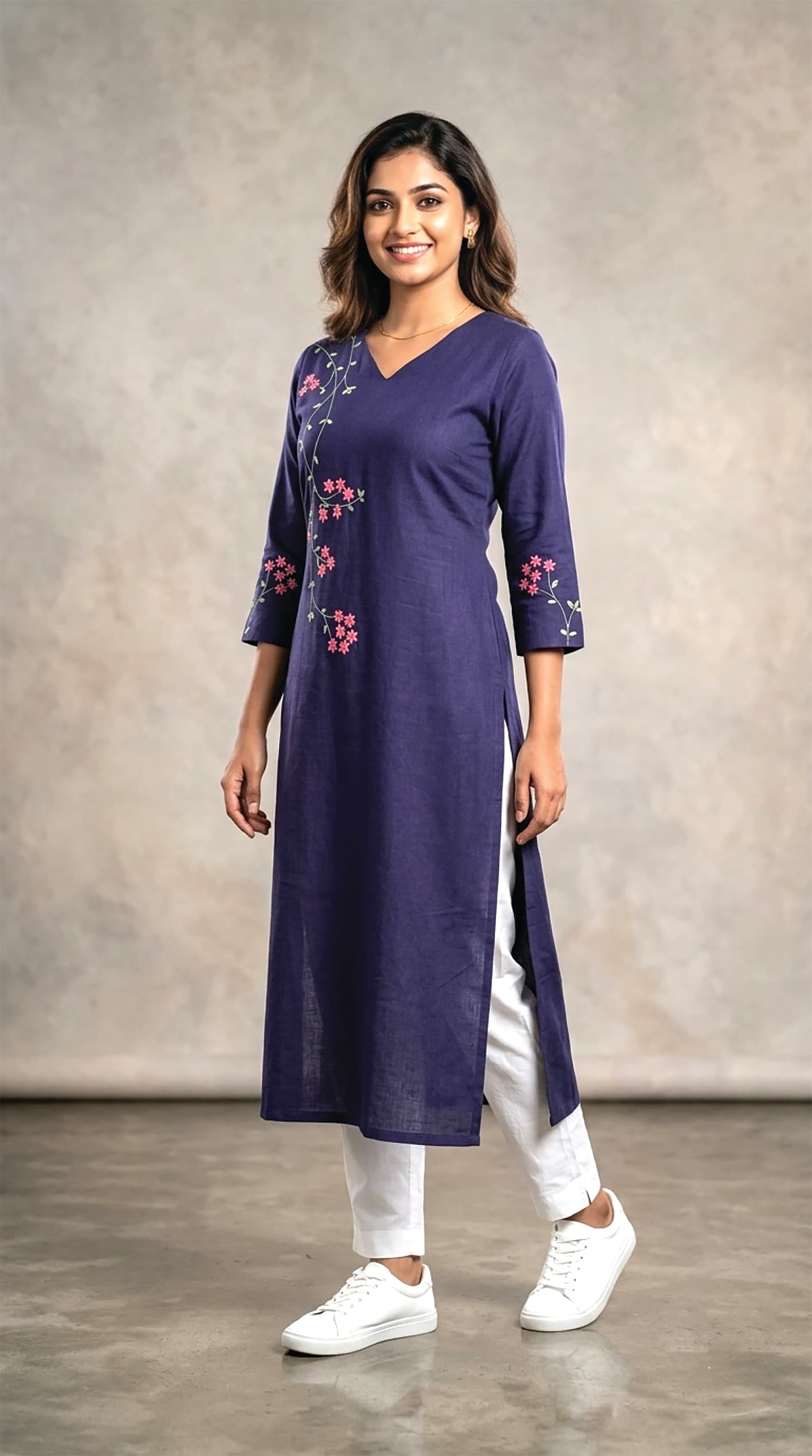 Tanvi — Royal-blue kurta with a single-side floral vine embroidery