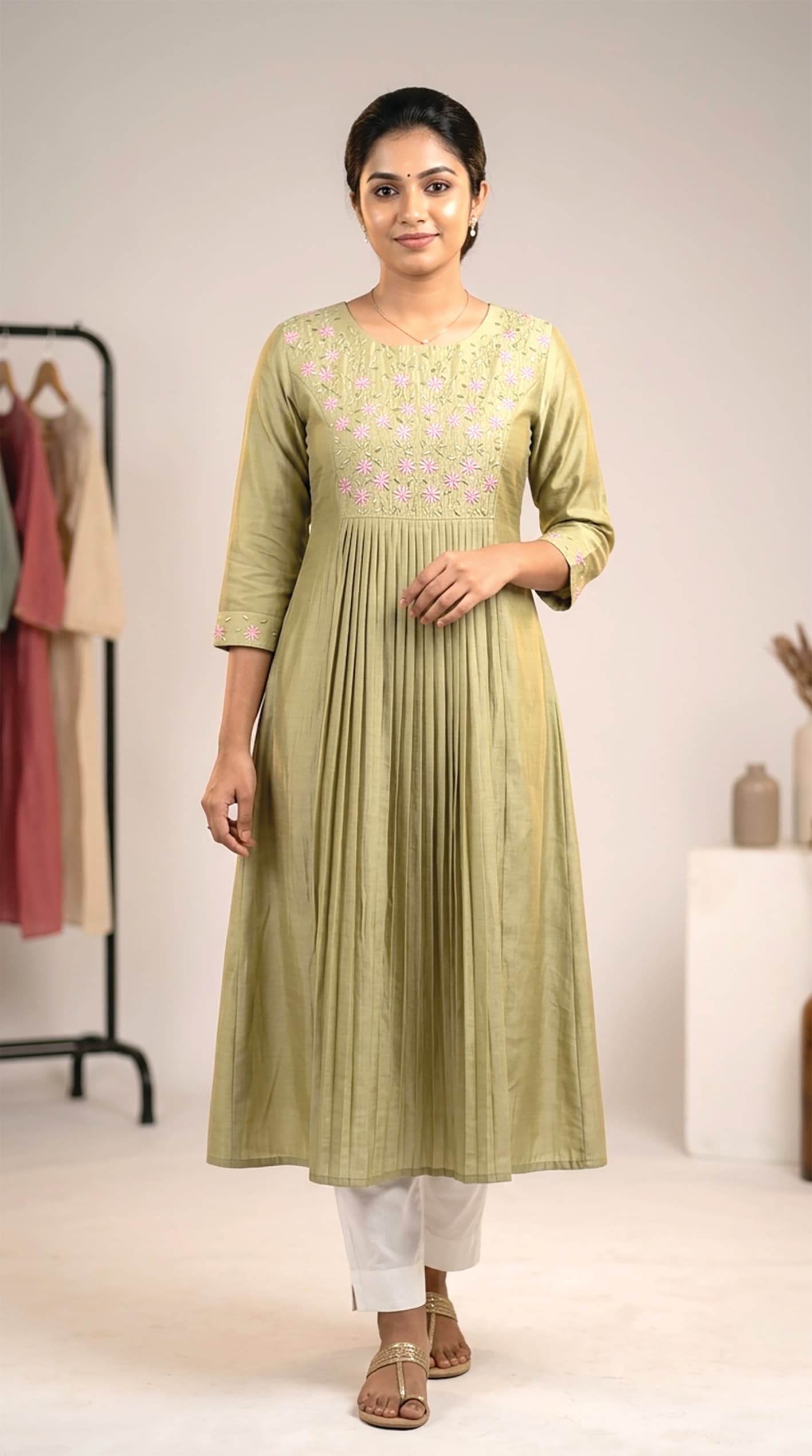Lekshmi — Olive pintuck-pleated kurta with a round embroidered floral yoke
