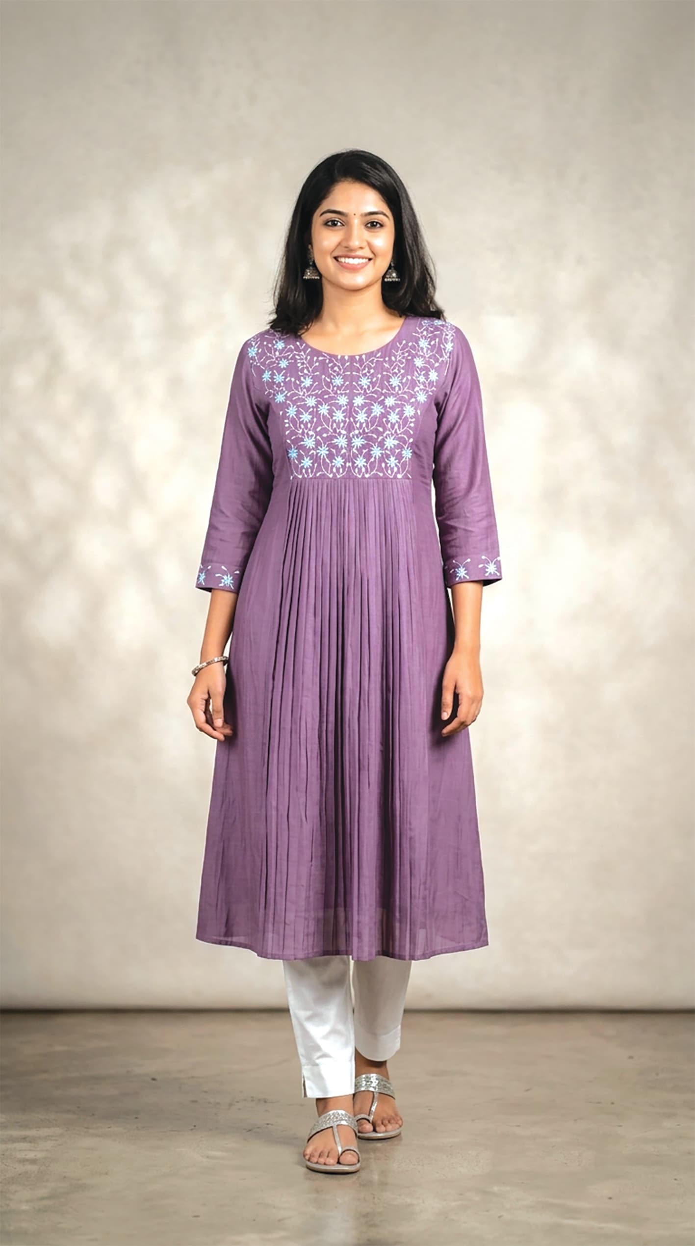 Meenakshi — Purple pintuck-pleated kurta with a round embroidered floral yoke