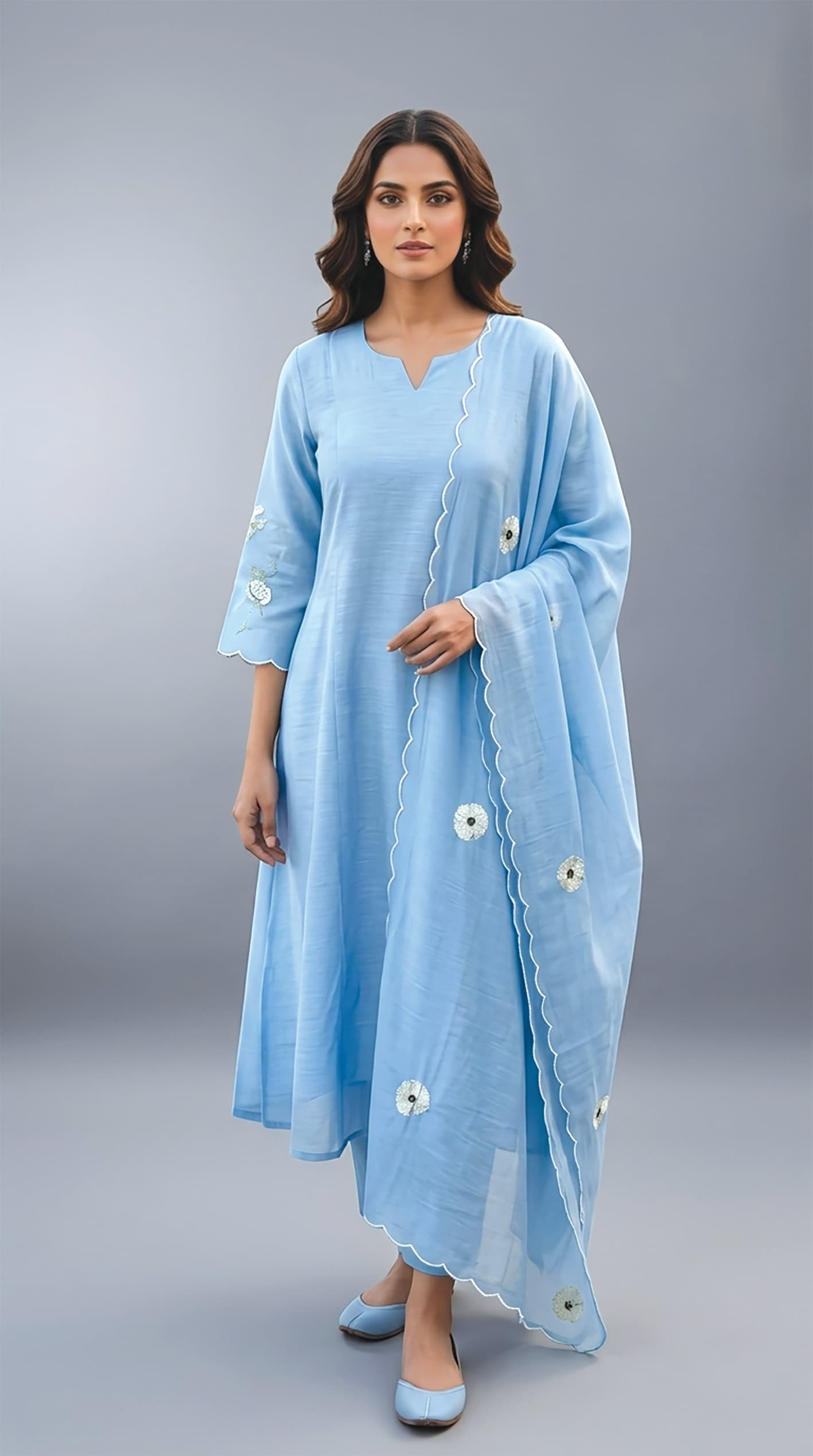Nandini — Sky-blue asymmetric tunic with a scalloped, sequin-dotted dupatta