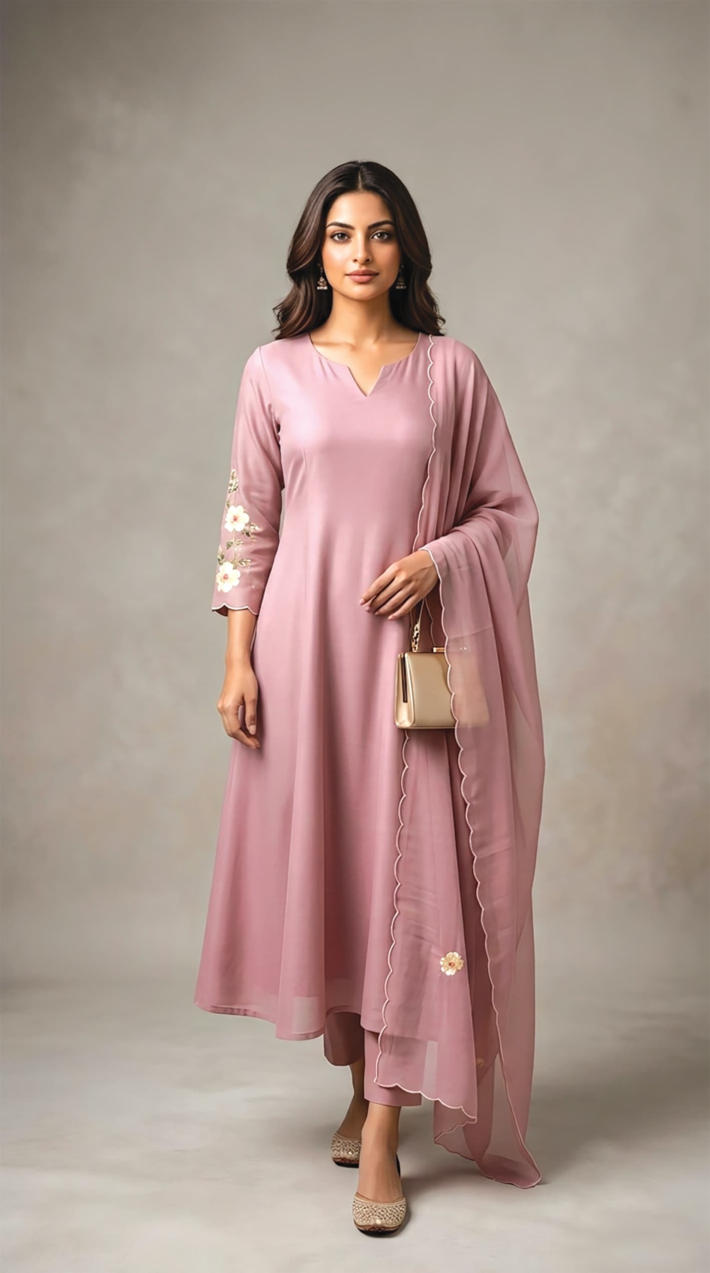 Oviya — Mauve asymmetric tunic with a scalloped, floral-embroidered dupatta