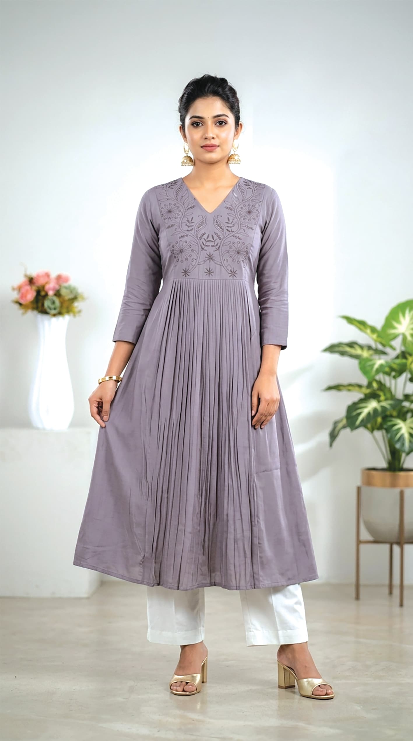 Rukmini — Lavender-grey pintuck-pleated kurta with an embroidered V-neck yoke