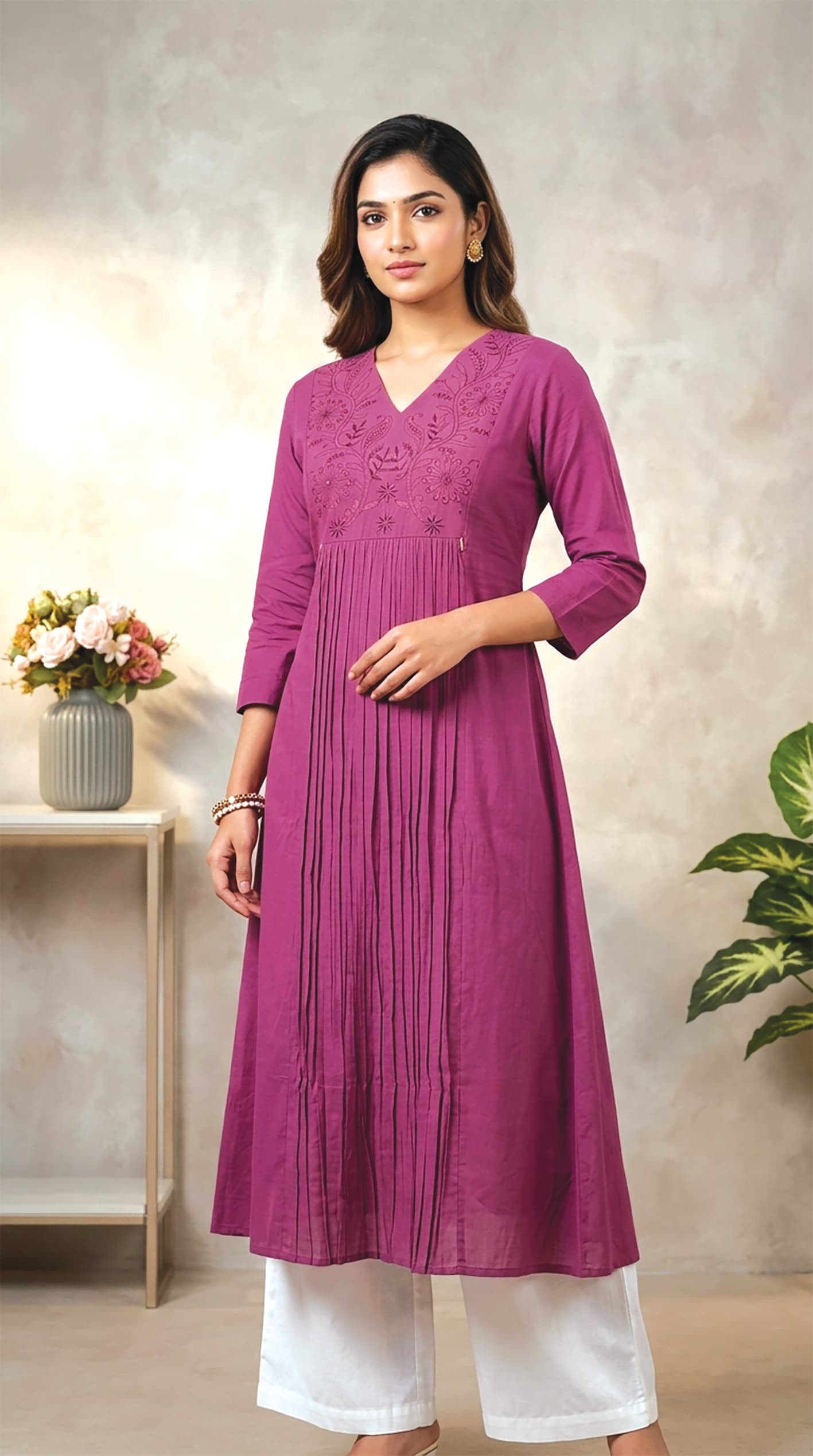 Sahana — Lime pintuck-pleated kurta with a single-bloom embroidered yoke