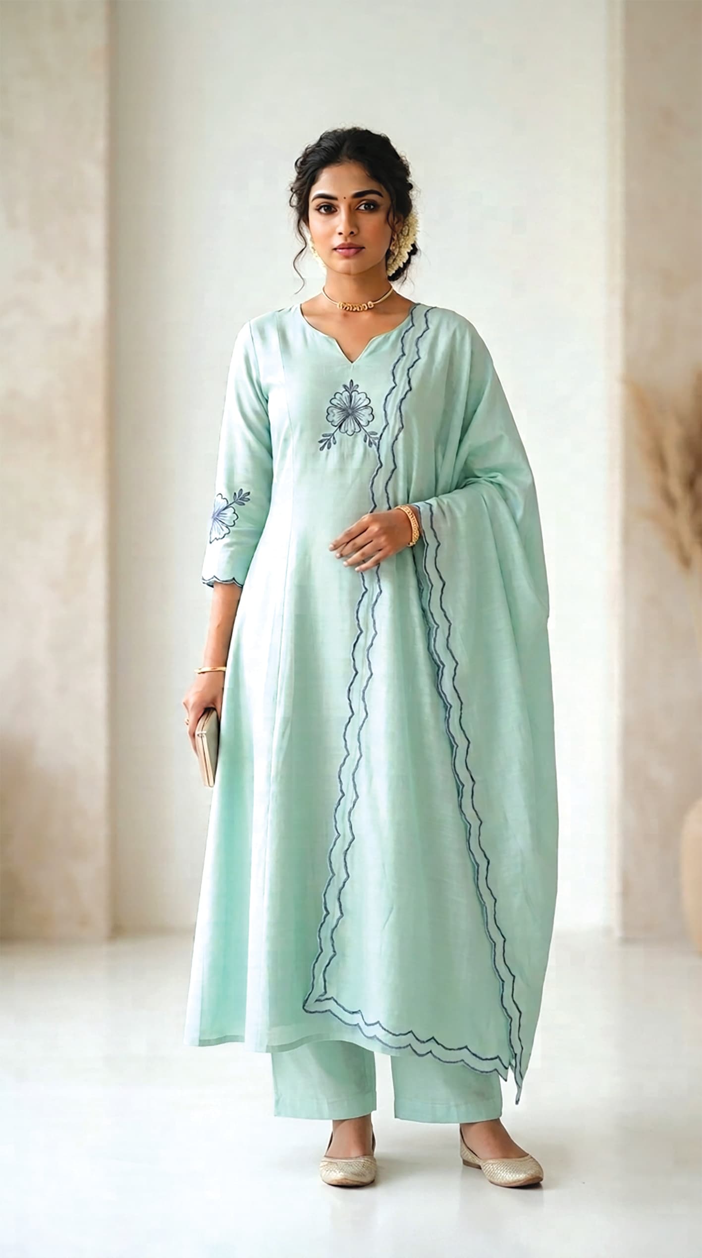 Tara — Charcoal pintuck-pleated kurta with a lime scalloped dupatta trim