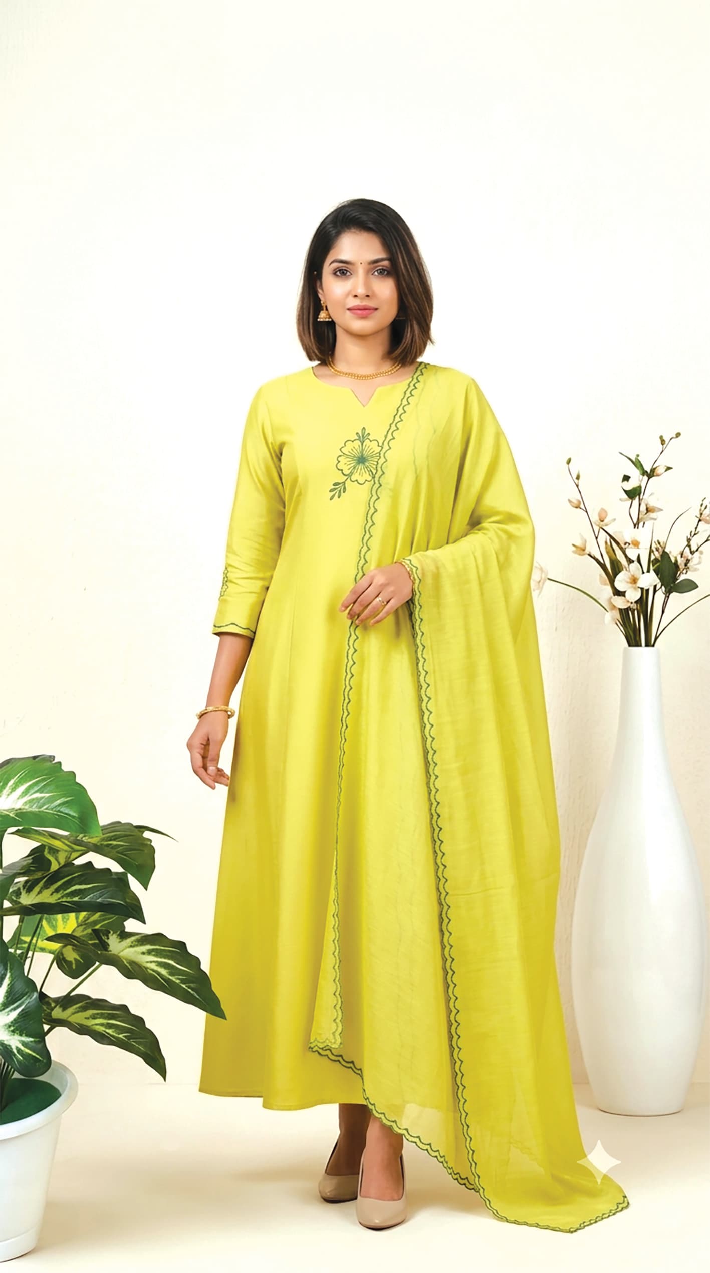 Uma — Lime kurta set with a zigzag-scalloped matching dupatta