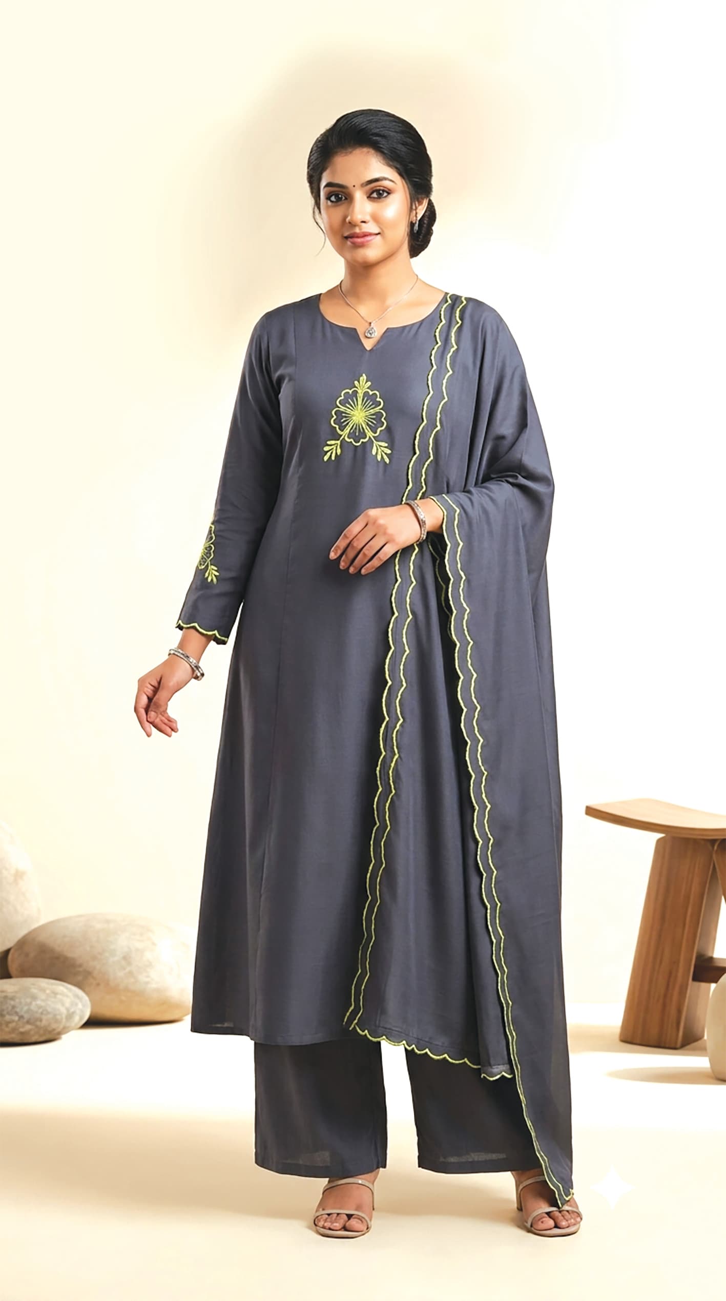 Vani — Charcoal kurta set with a lime zigzag-scalloped dupatta