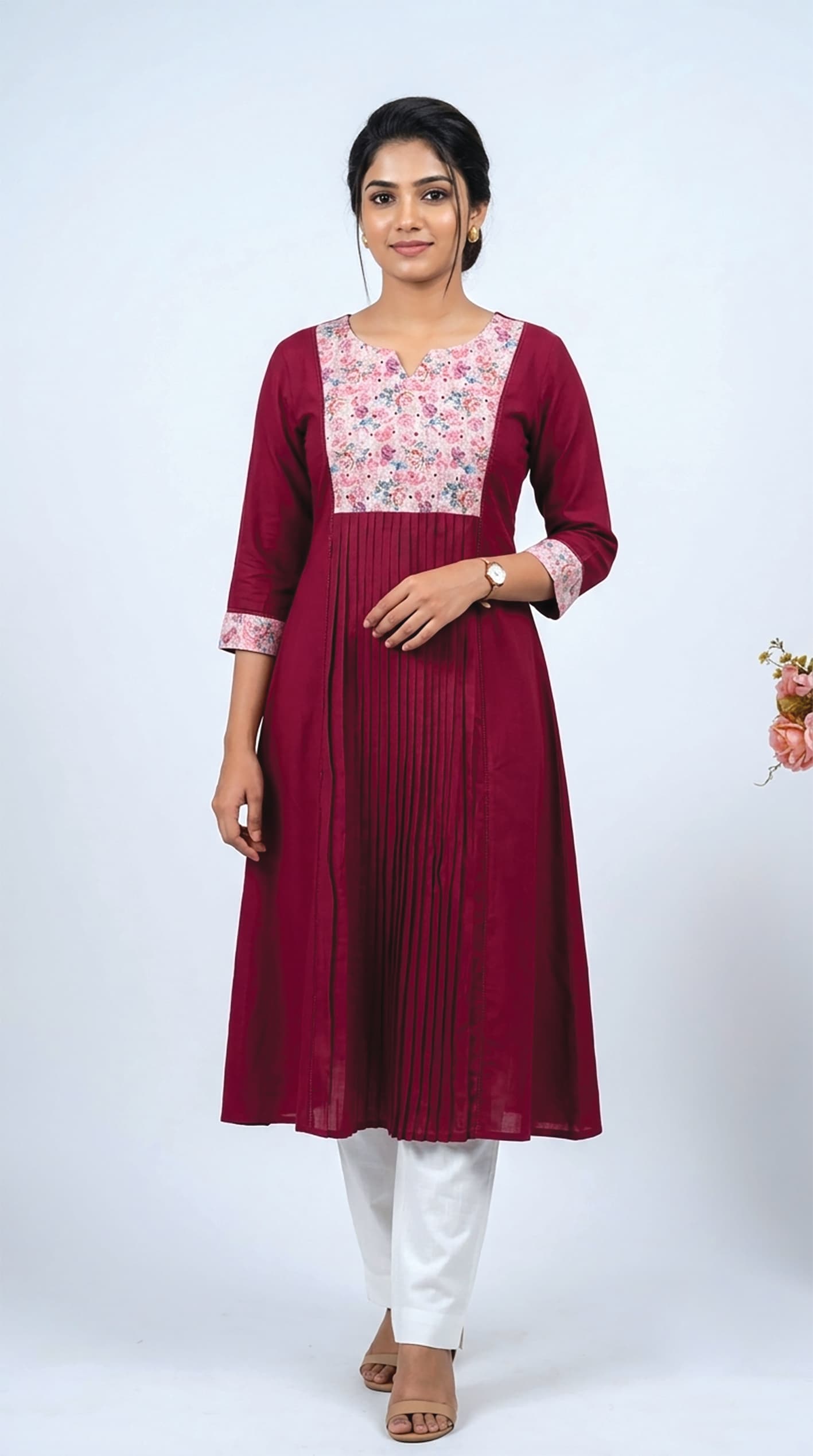 Ananya — Wine pintuck-pleated kurta with a floral-print contrast yoke