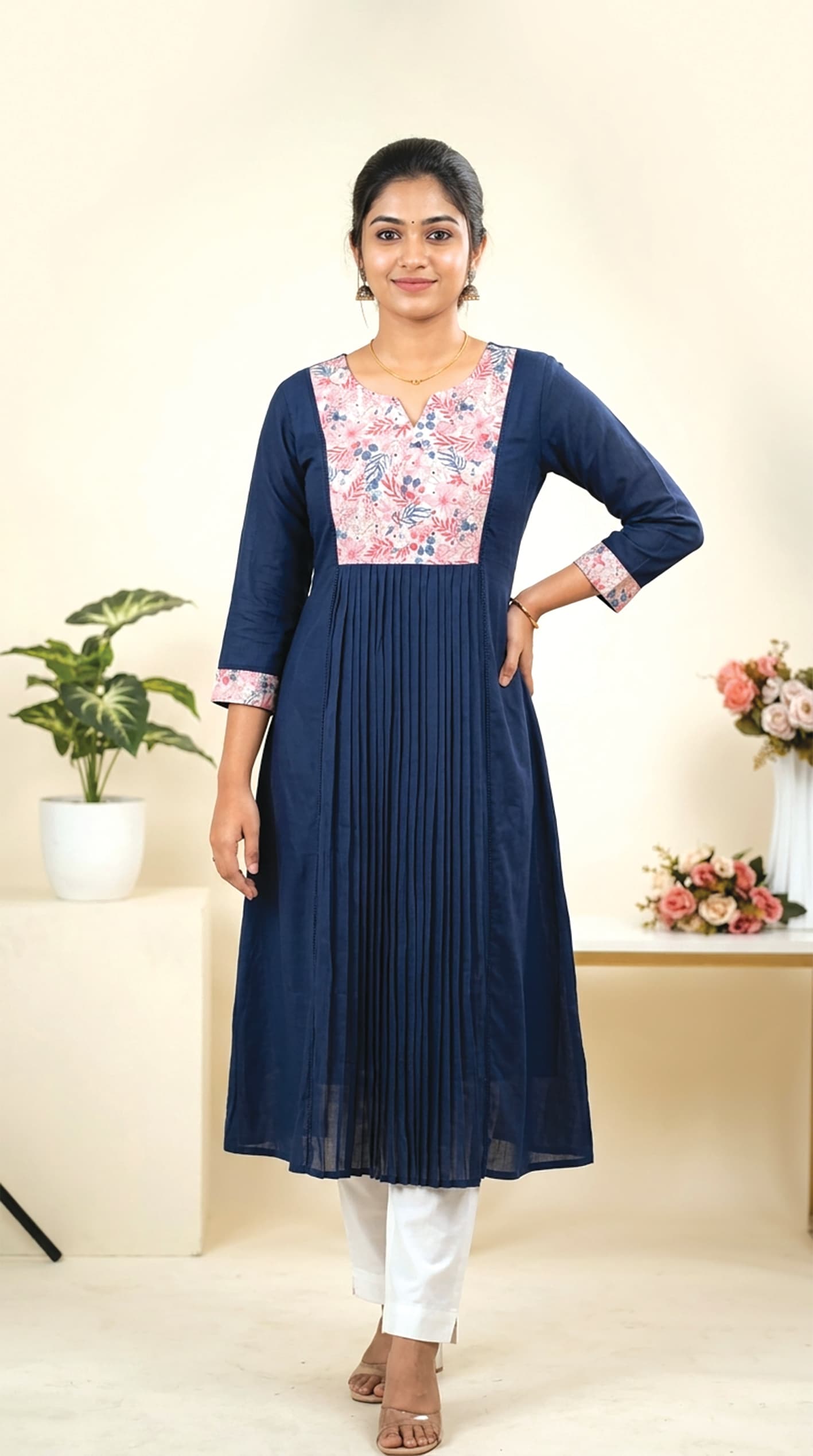 Bhargavi — Navy pintuck-pleated kurta with a floral-print contrast yoke