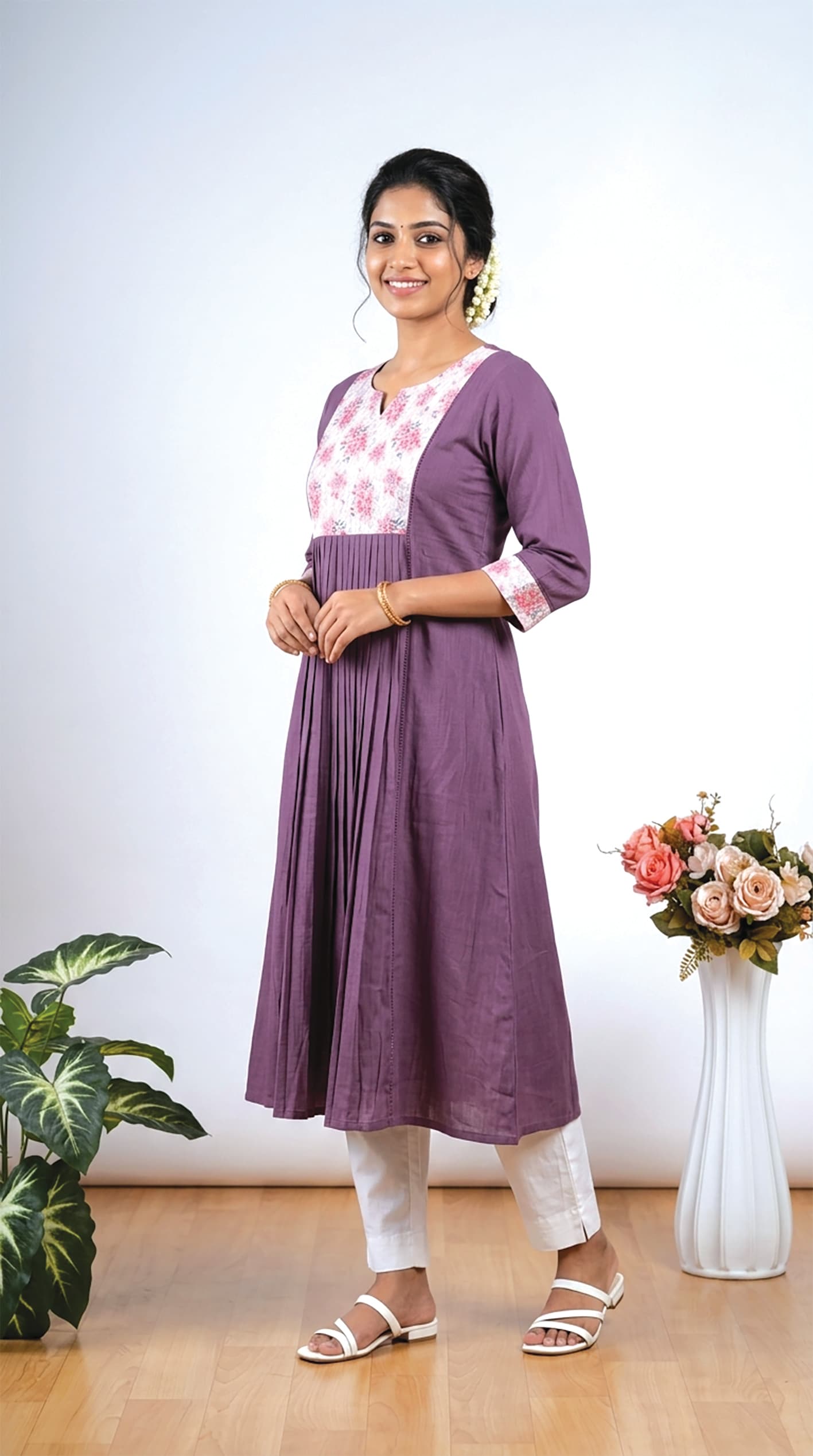 Chithira — Purple pintuck-pleated kurta with a floral-print contrast yoke