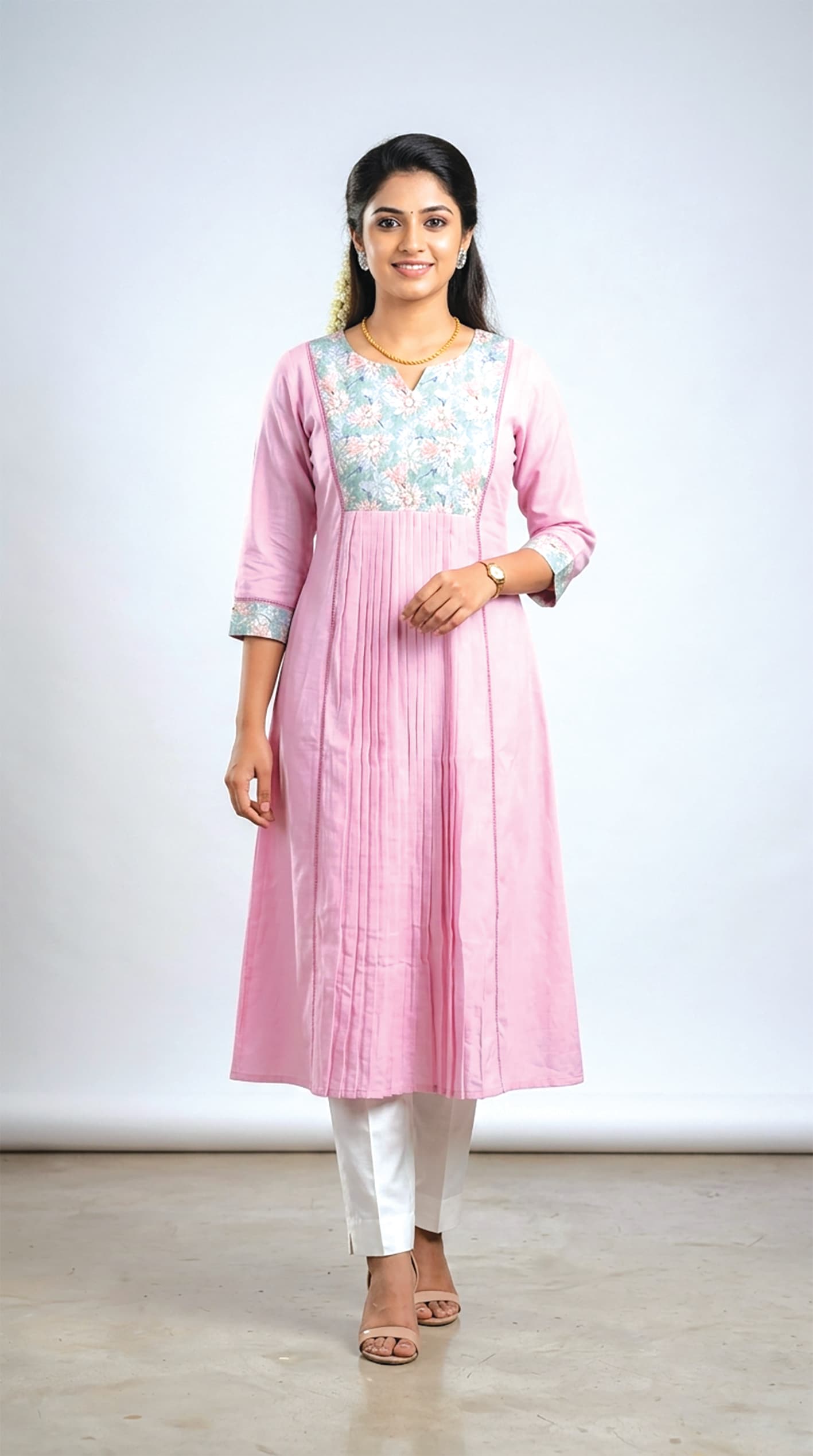 Divya — Pink pintuck-pleated kurta with a floral-print contrast yoke