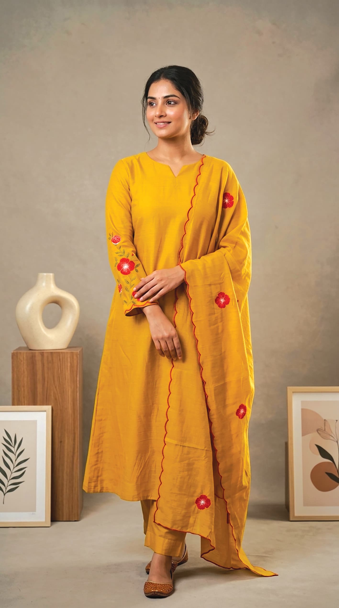Esha — Mustard kurta set with red floral embroidery and a scalloped dupatta