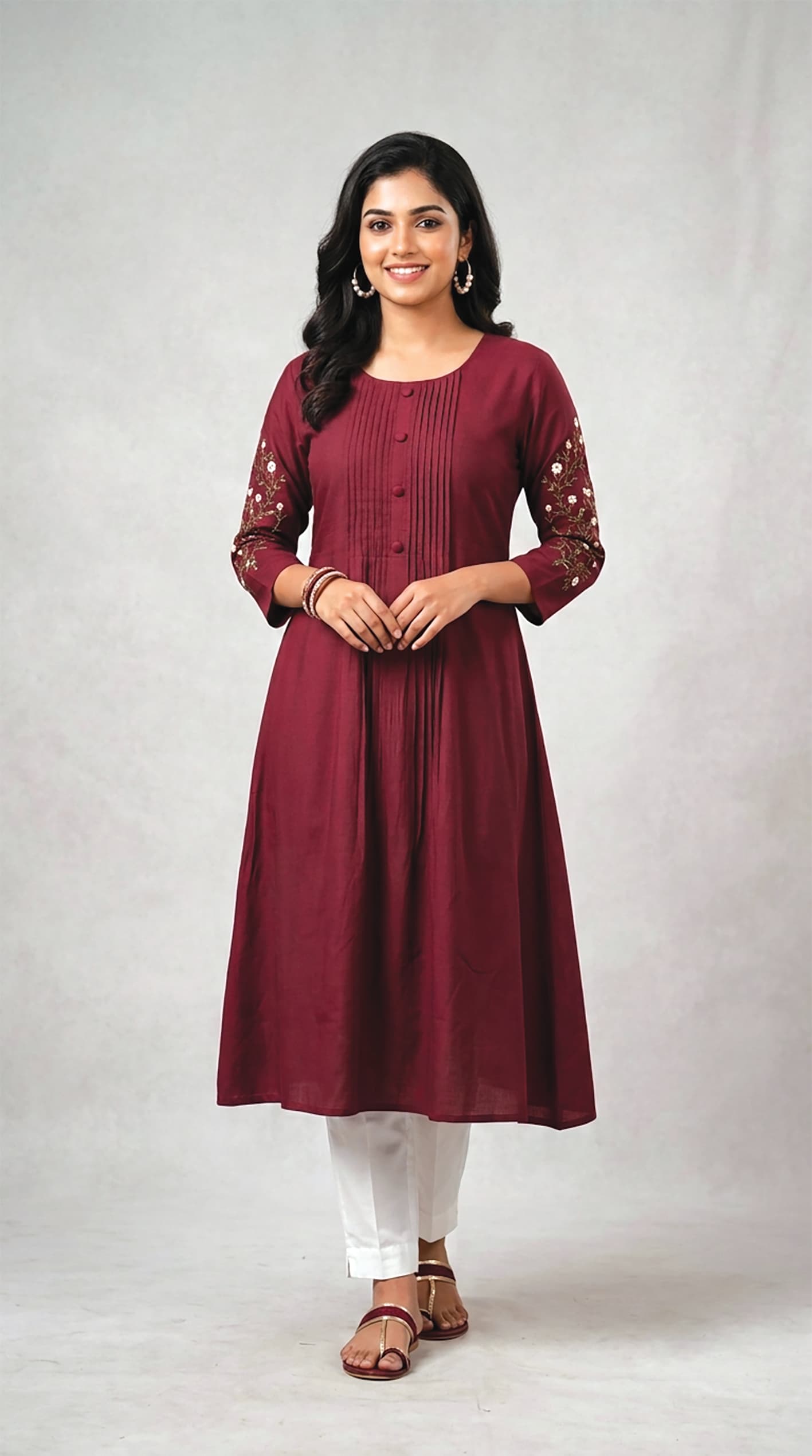Gauri — Wine button-front kurta with pintucks and embroidered sleeves