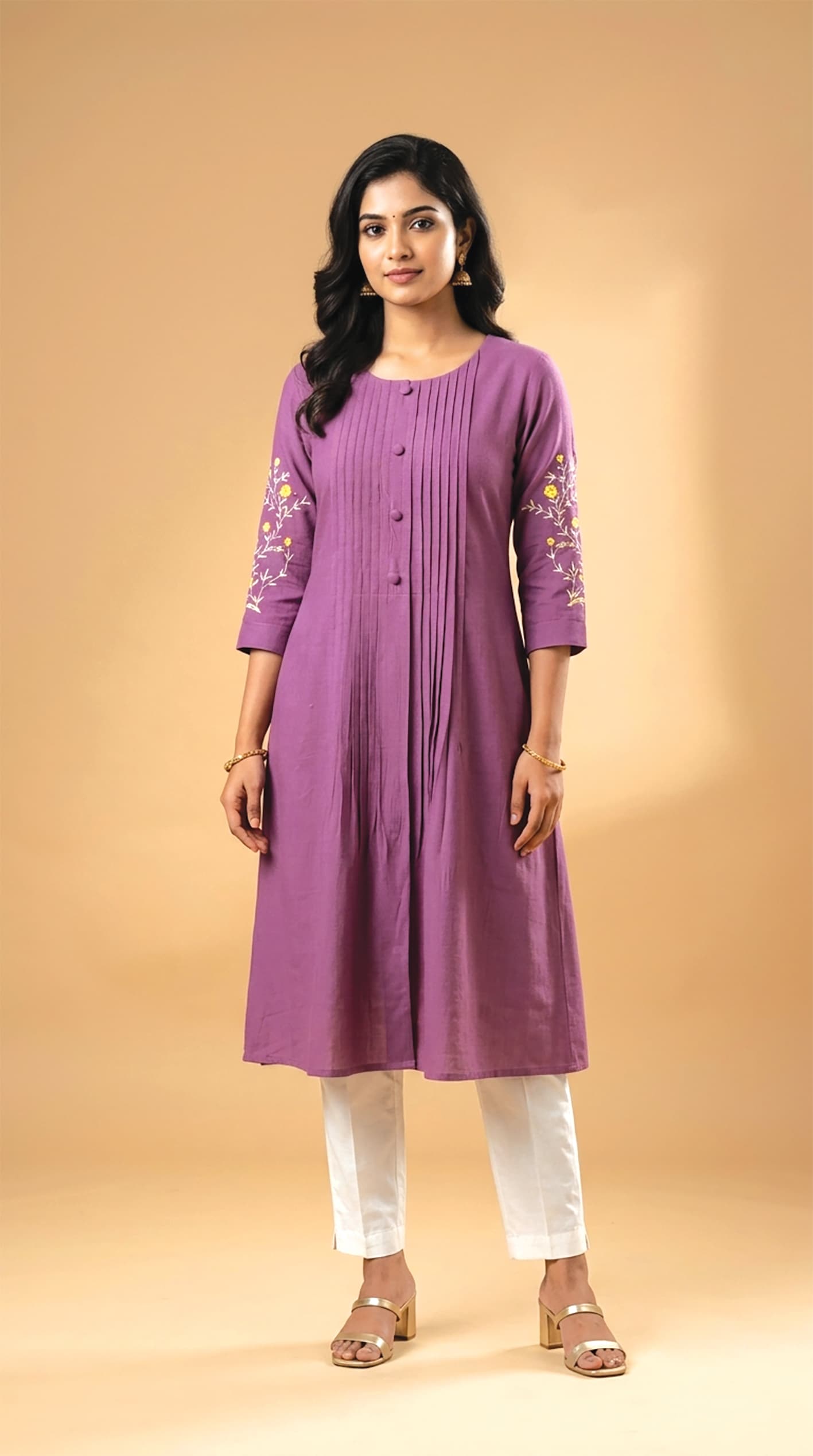 Hema — Violet button-front kurta with pintucks and embroidered sleeves