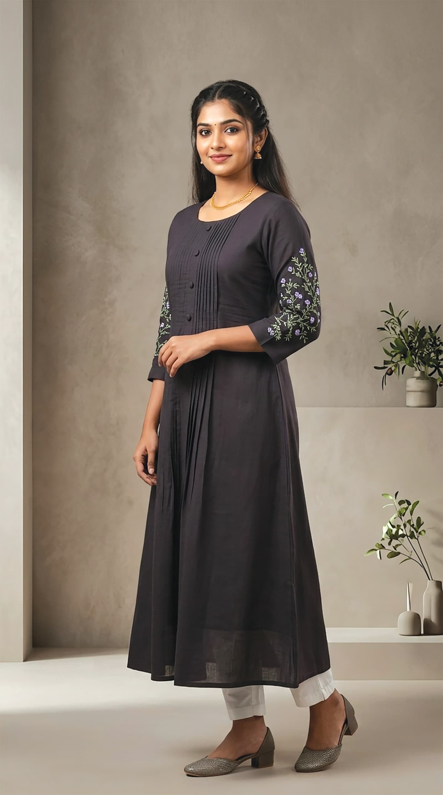 Indu — Charcoal button-front kurta with pintucks and embroidered sleeves