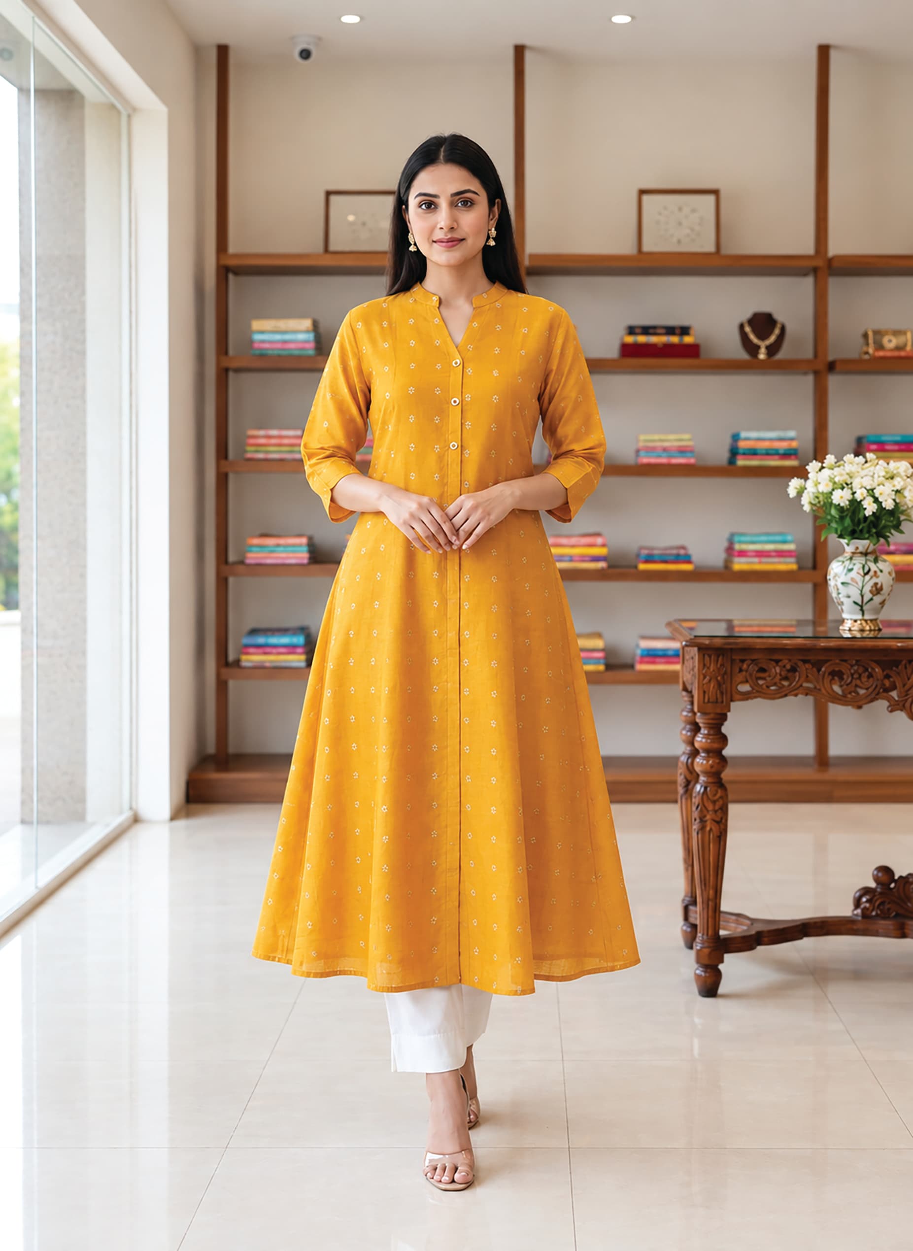 Jyothi — Mustard banded-collar kurta with a bandhani dot print