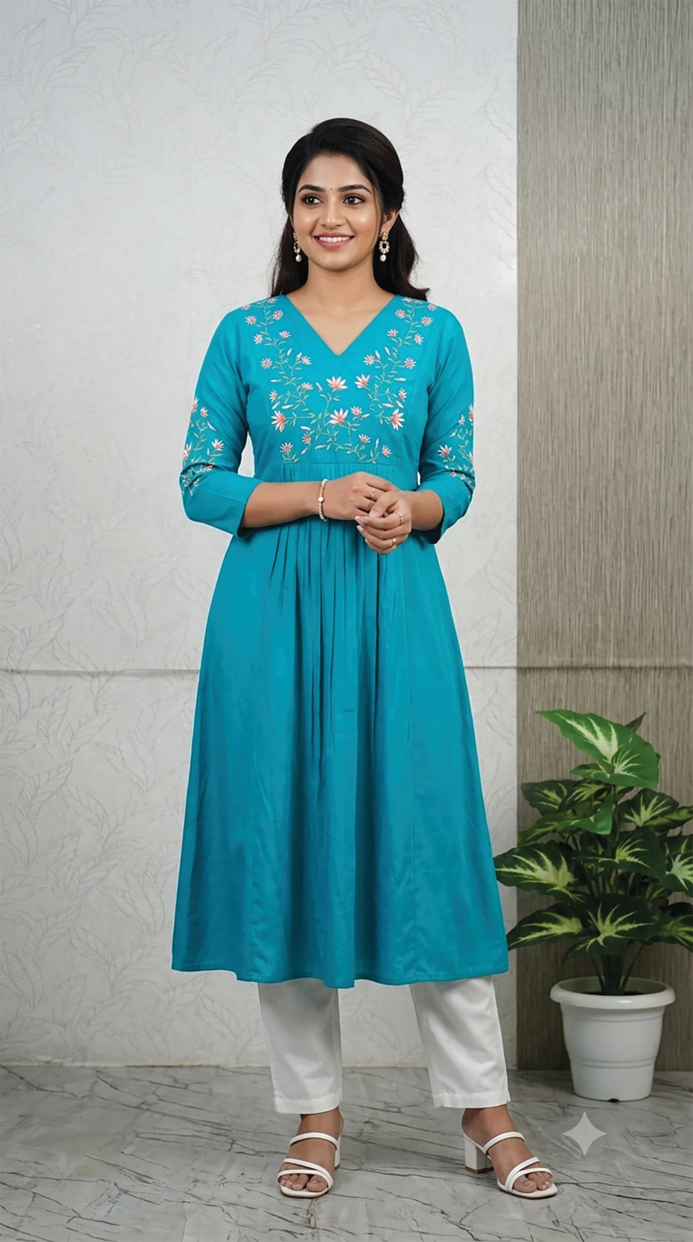 Kalyani — Teal pintuck-pleated kurta with an embroidered floral V-neck yoke