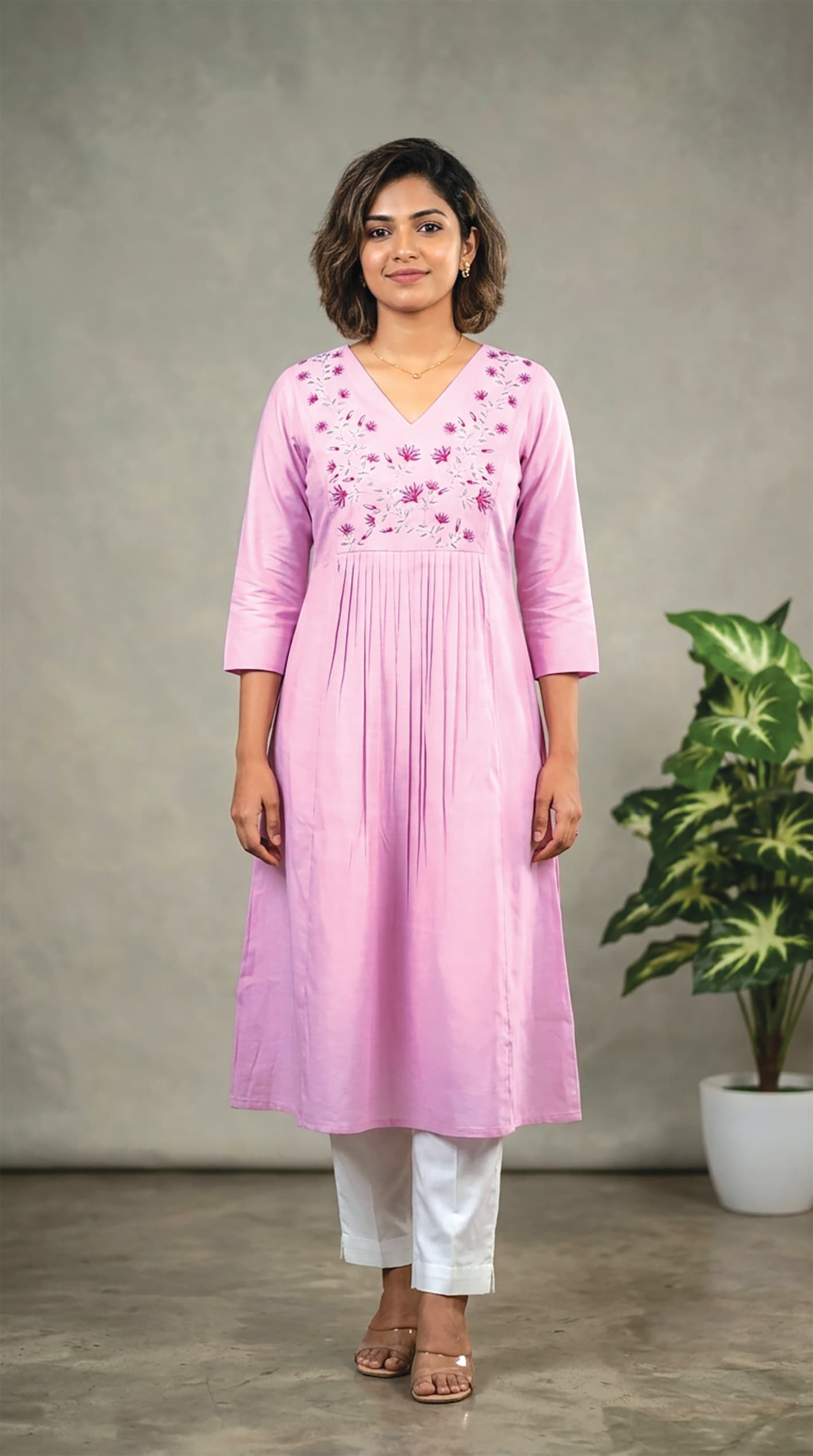 Leela — Lilac pintuck-pleated kurta with an embroidered floral V-neck yoke