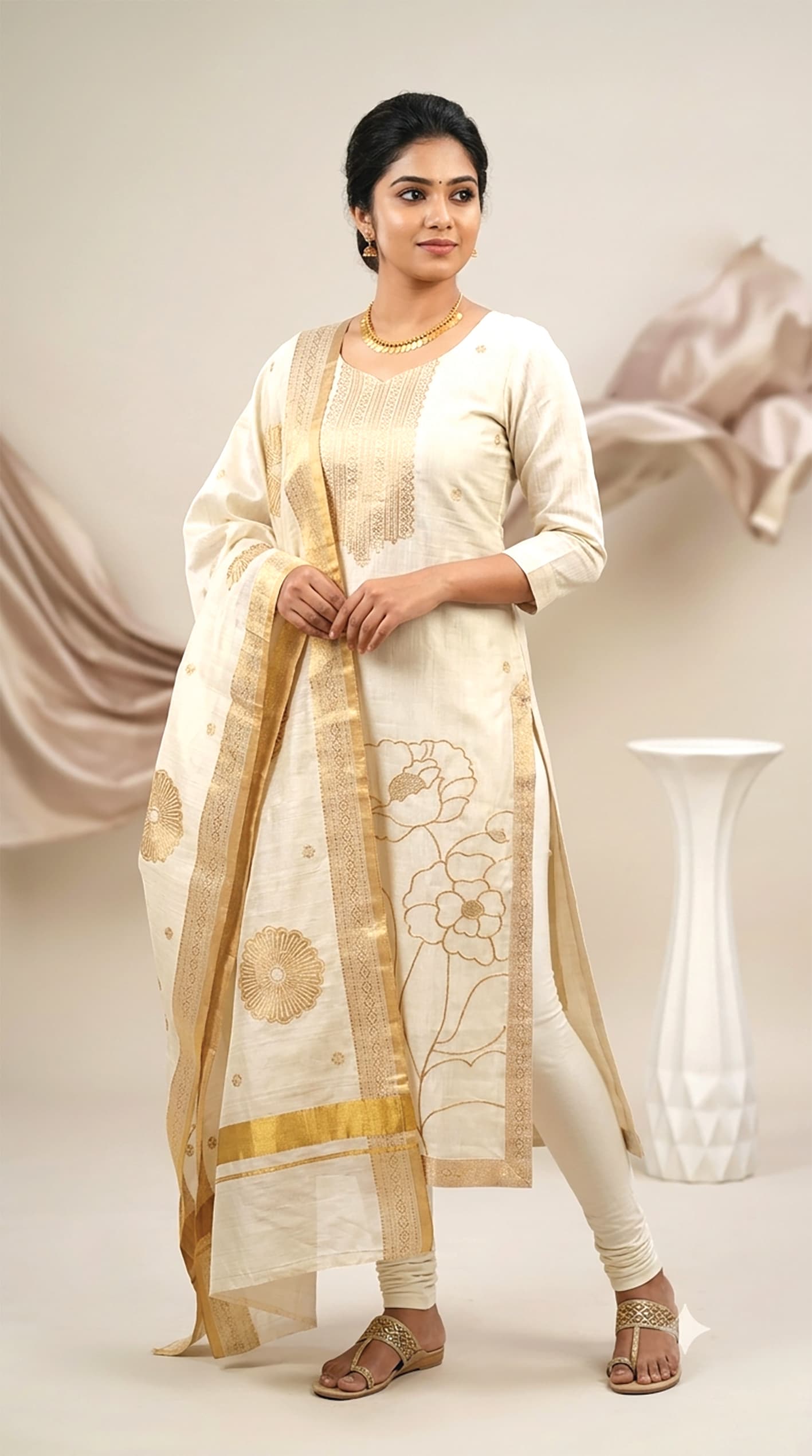 Mythili — Ivory kurta set with a gold zari-bordered dupatta