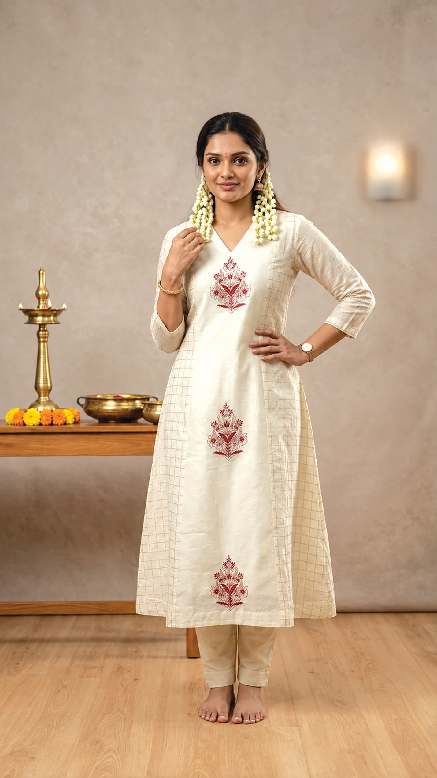 Niveditha — Ivory check kurta with maroon floral booti embroidery