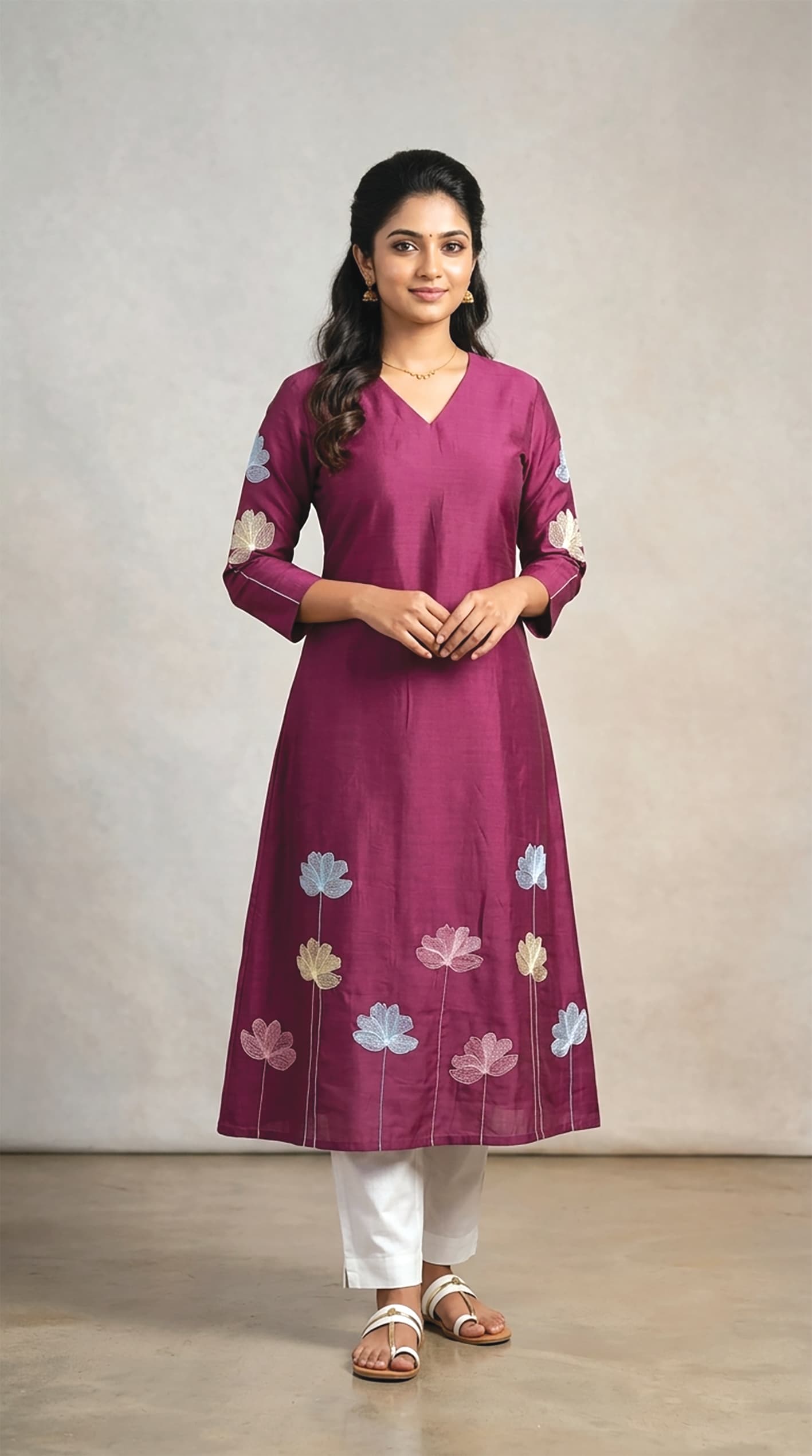 Prabha — Purple kurta scattered with lotus-bloom appliqué