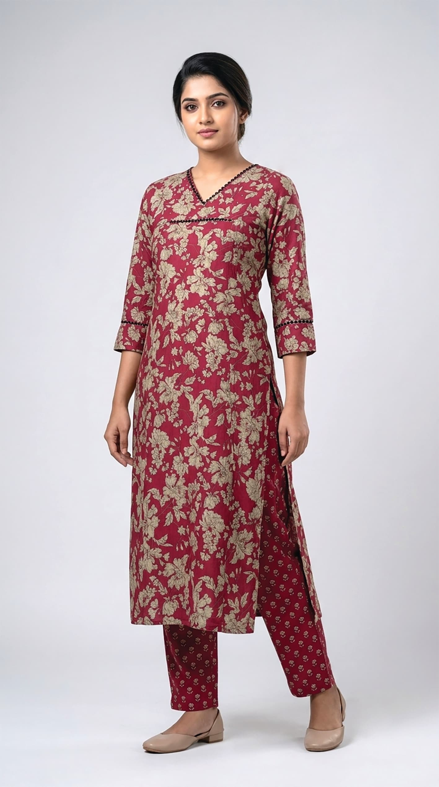 Sharanya — Maroon floral-print kurta with coordinating printed trousers