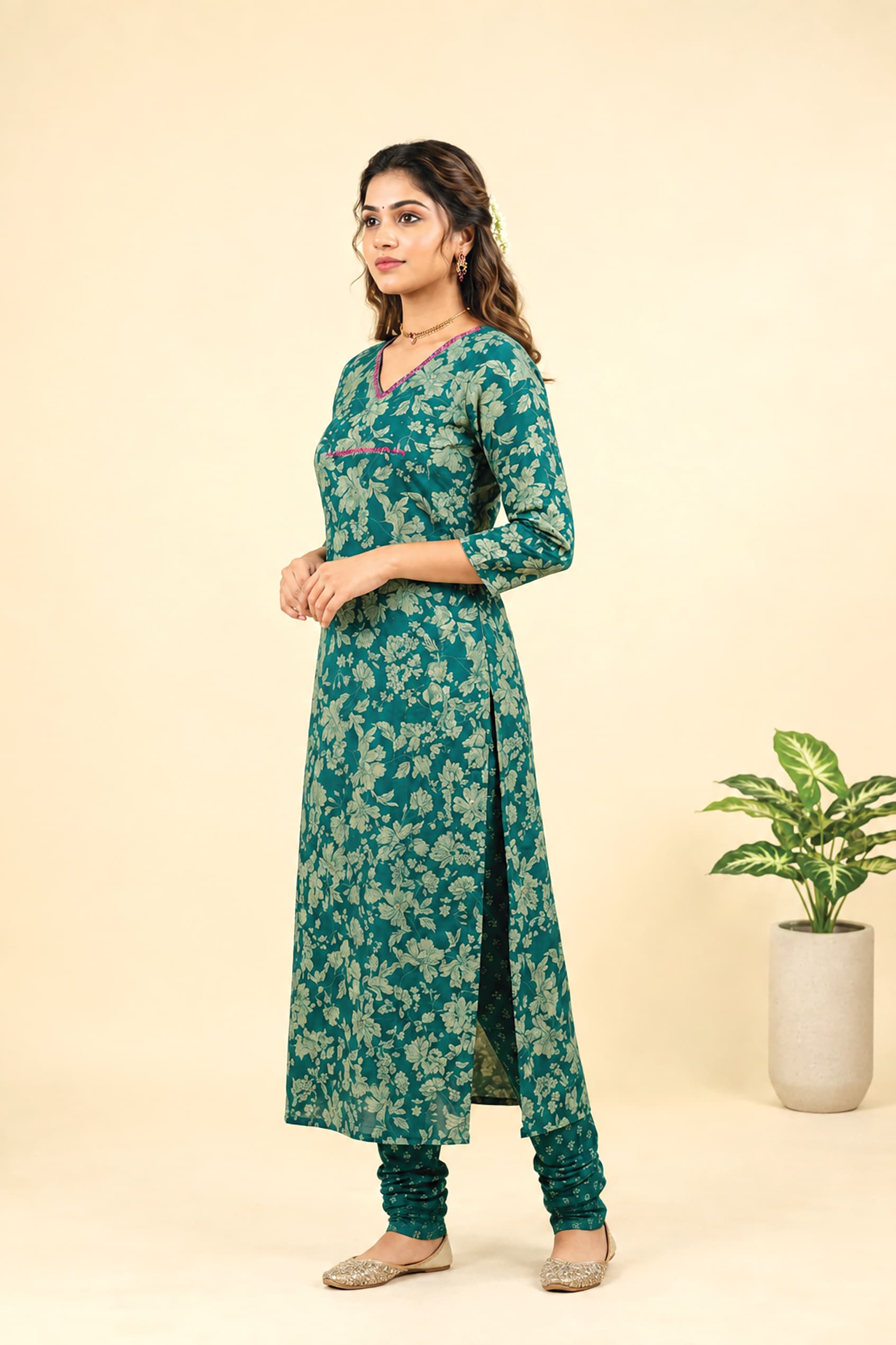 Green floral-print co-ord with matching churidar