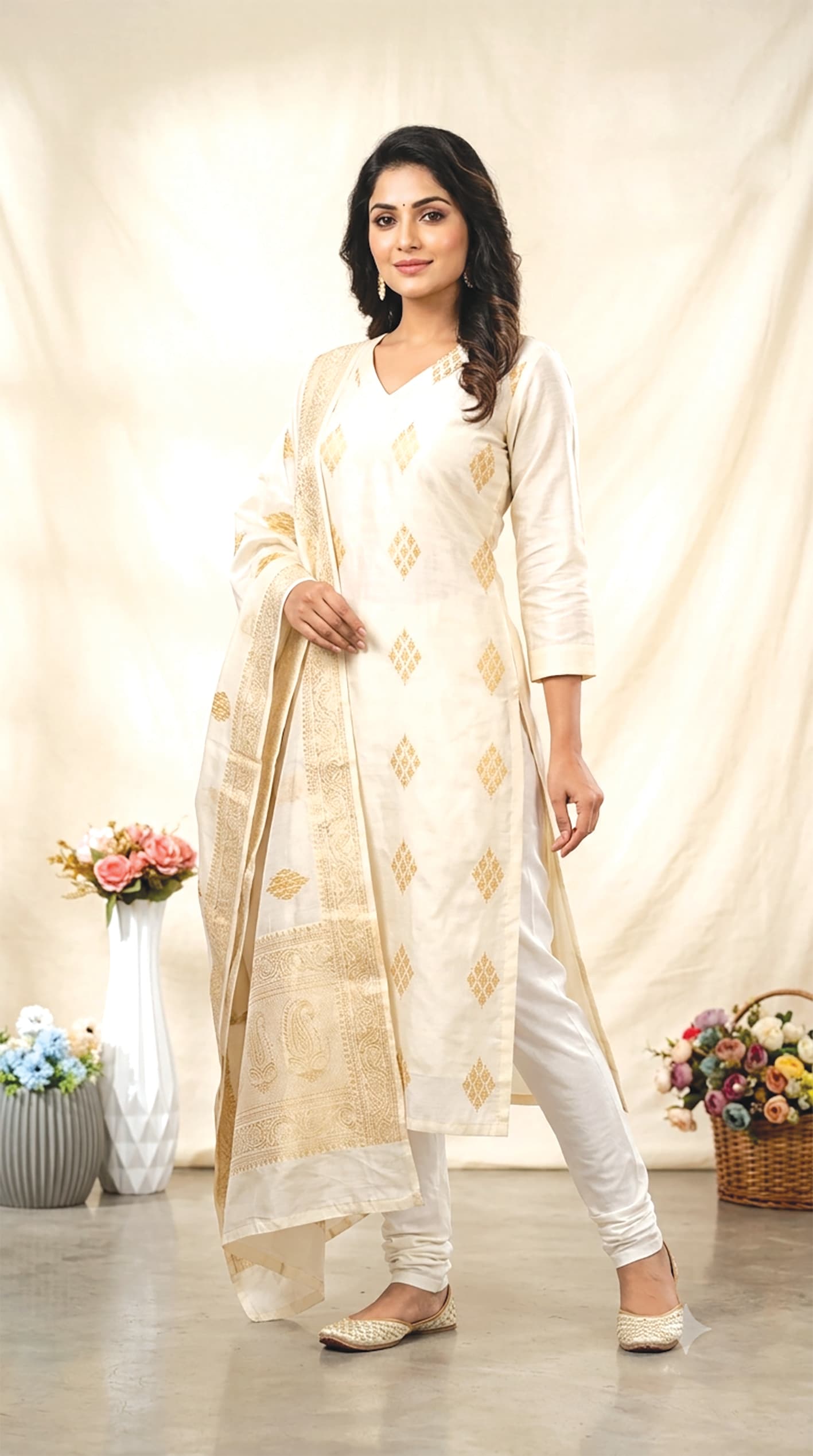 Anusree — Ivory kurta set with a gold diamond-motif weave and matching dupatta