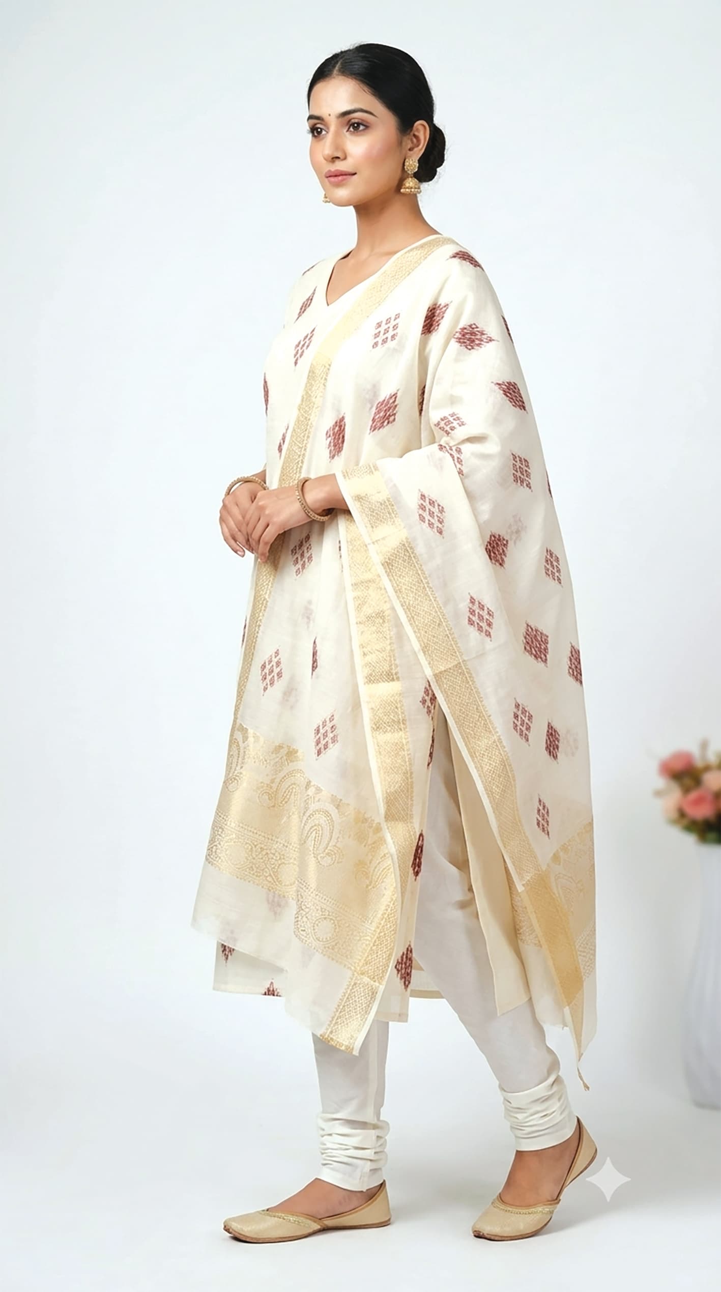 Bindu — Ivory kurta set with a gold-and-maroon diamond weave and matching dupatta