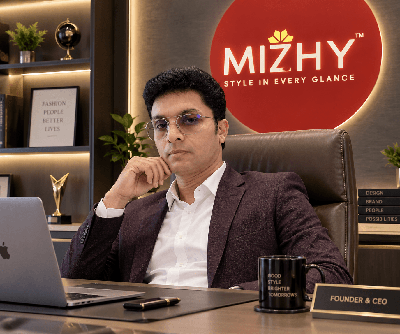 Anil V Nair, Founder & CEO of AVN Outfits, at his desk in front of the Mizhy brand wall